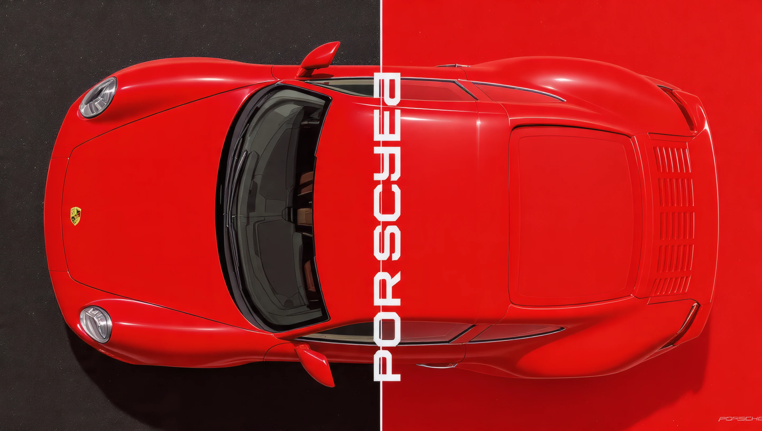 Striking Red Porsche Car Top View on Split Background