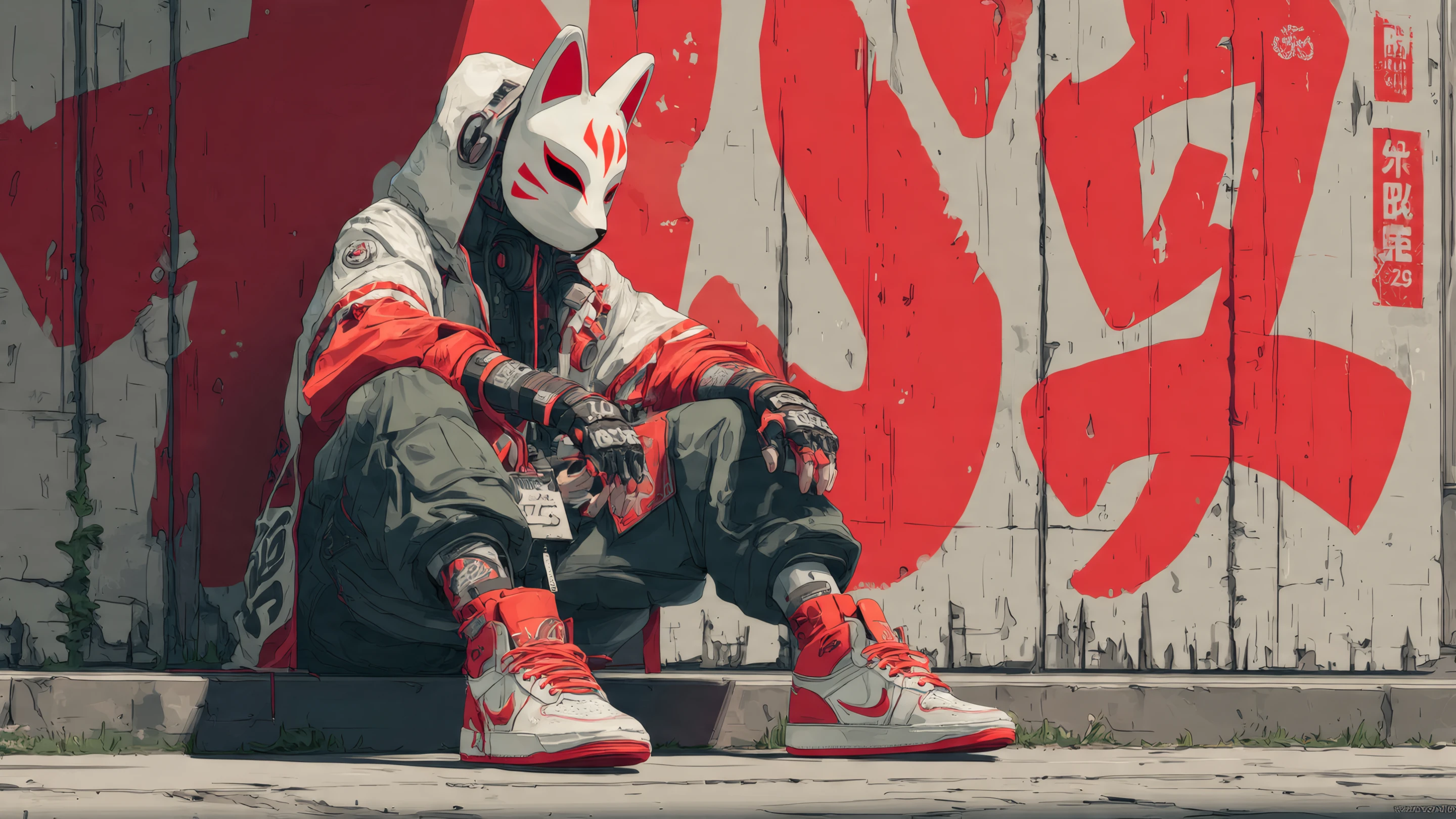 Stylish Cyberpunk Character with Fox Mask and Graffiti