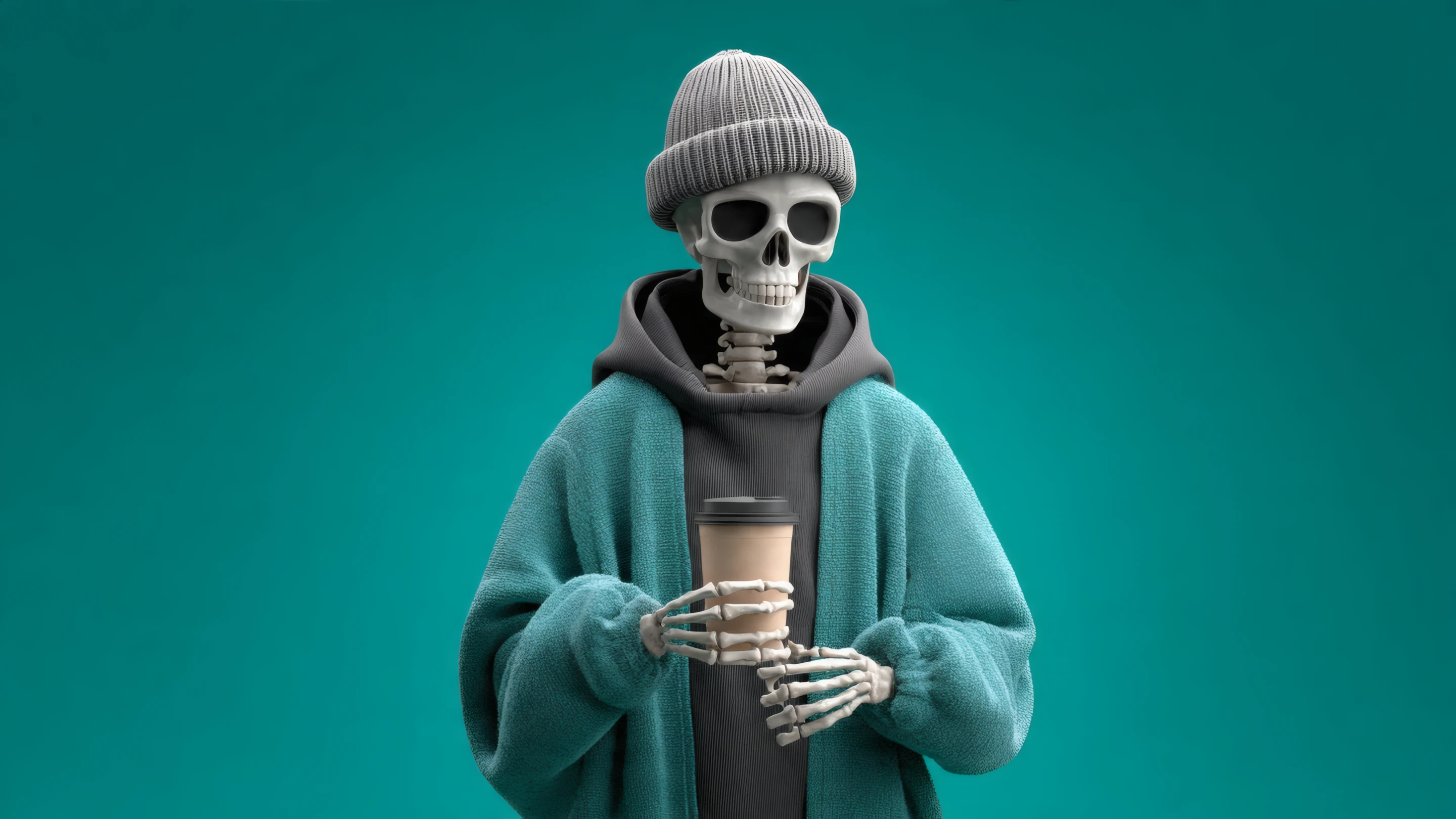 Stylish Skeleton Sipping Coffee in Teal Outfit on Teal