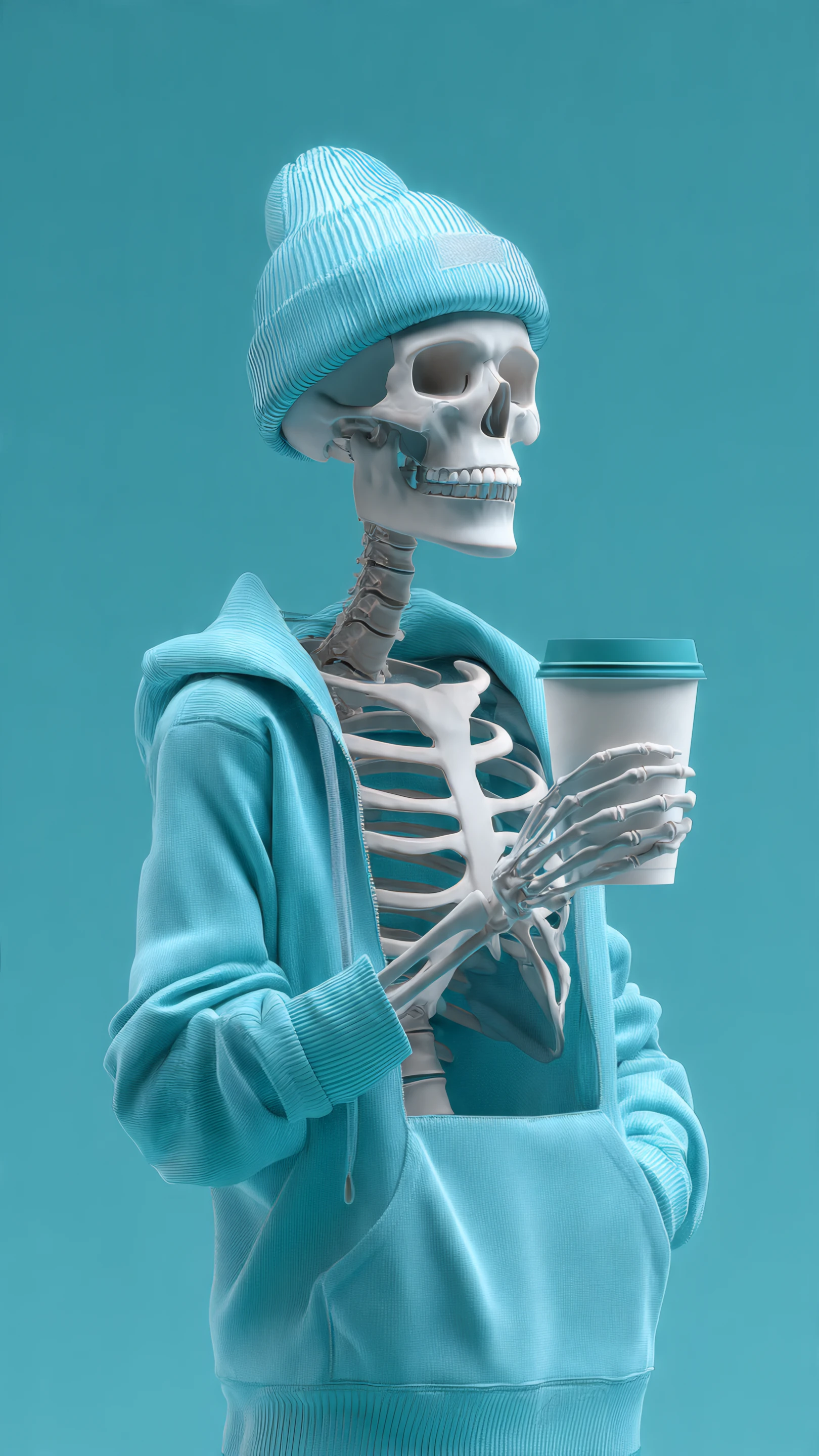 Stylish Skeleton with Coffee Cup in a Blue Hoodie