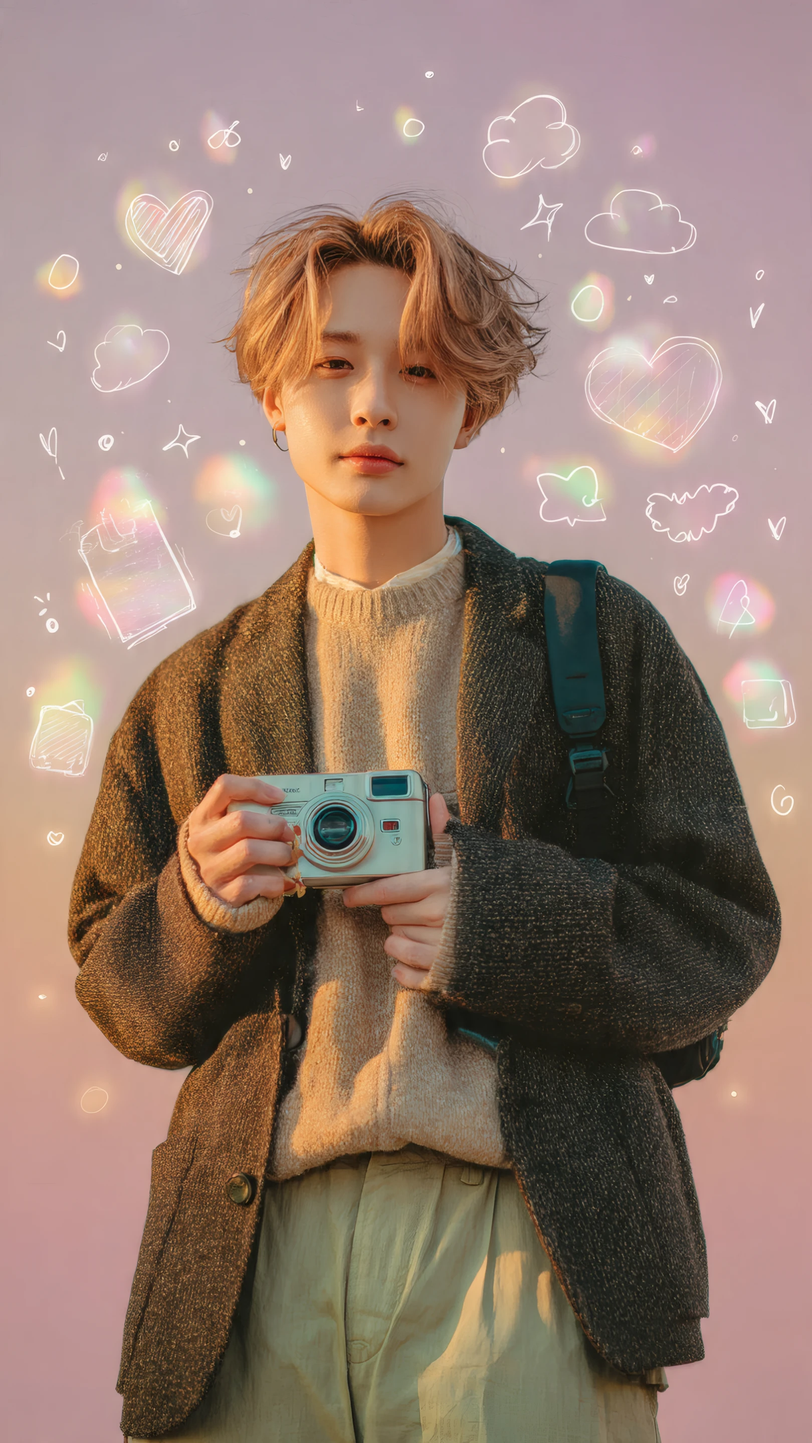 Stylish Young Man with Vintage Camera and Doodles