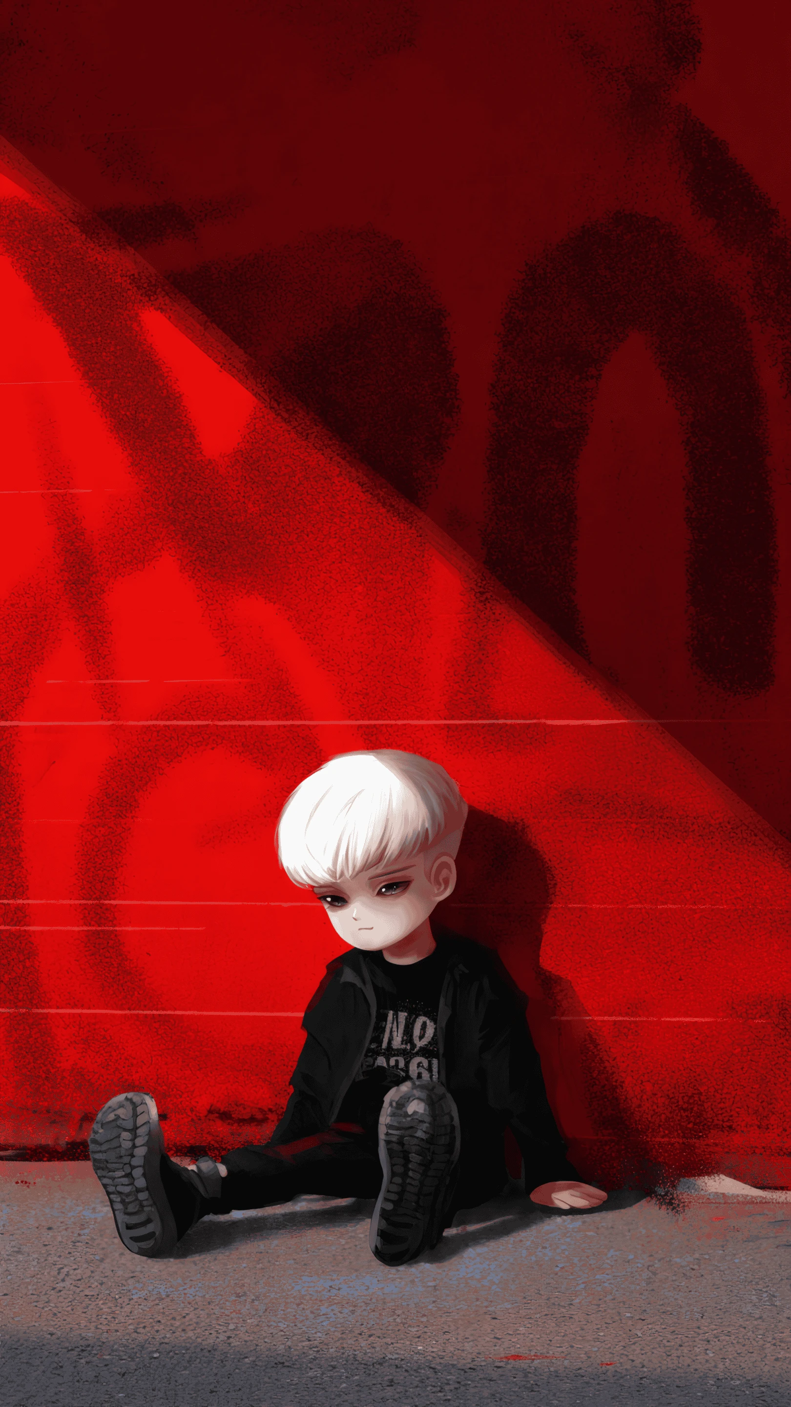 Stylized Boy with White Hair Sitting Near a Red Wall