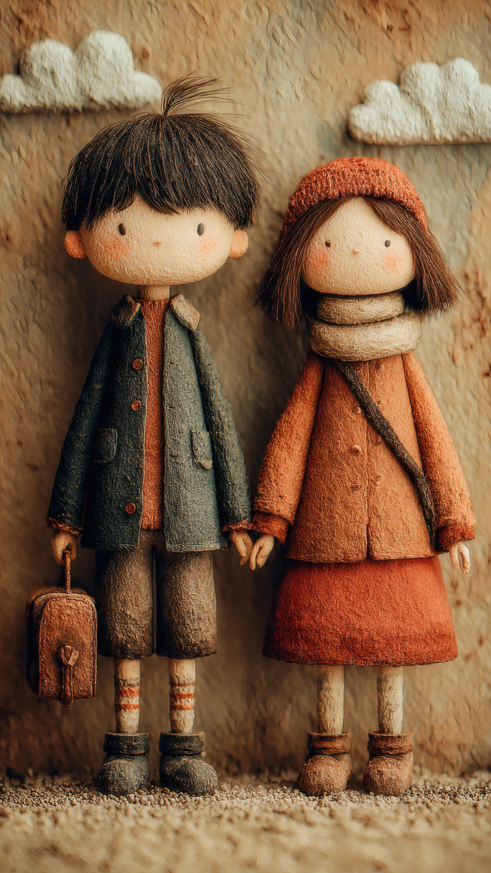 Stylized Doll Couple in Autumn Colors Holding Hands