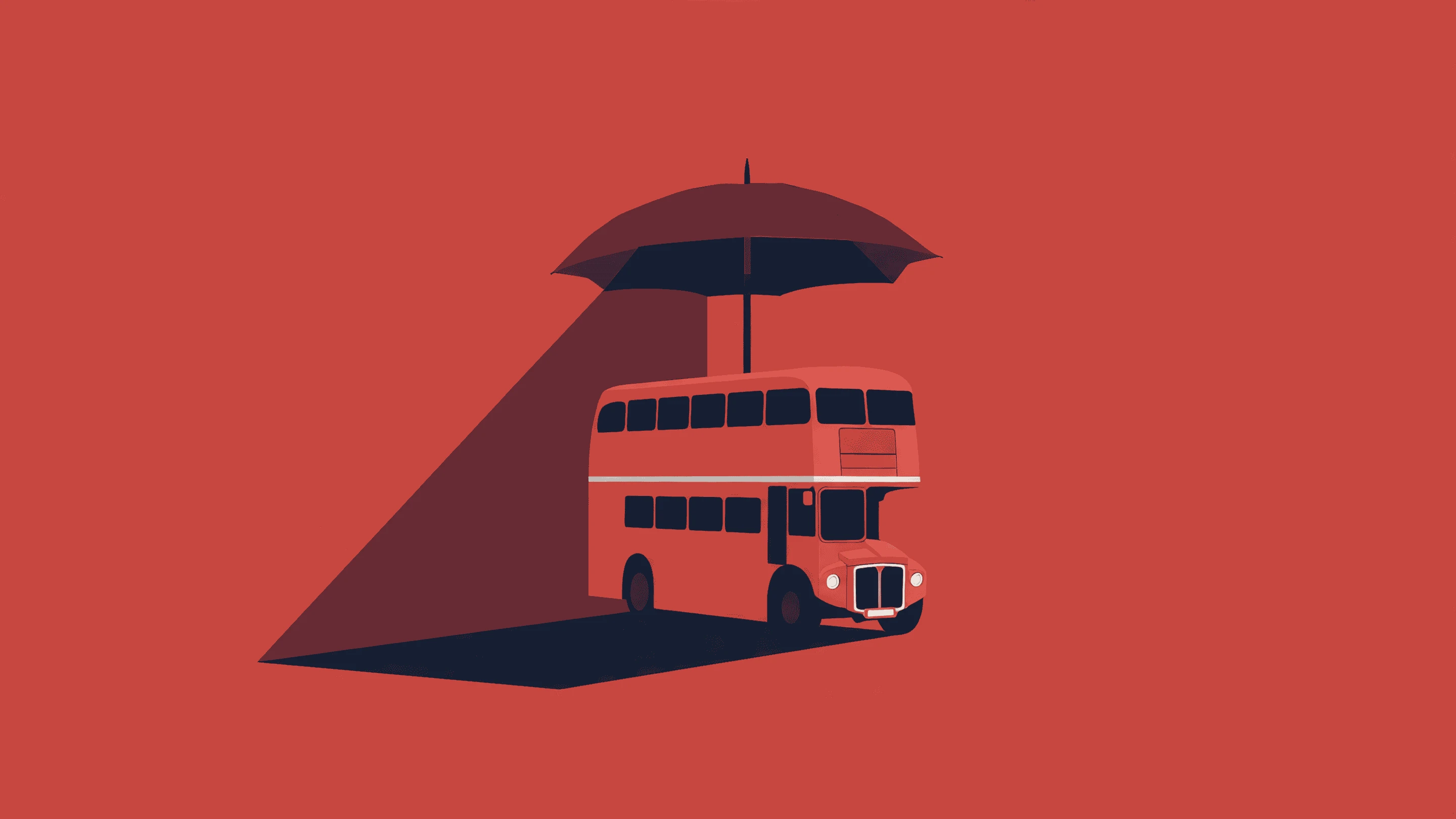Stylized Red Bus Protected by Umbrella on Red Background