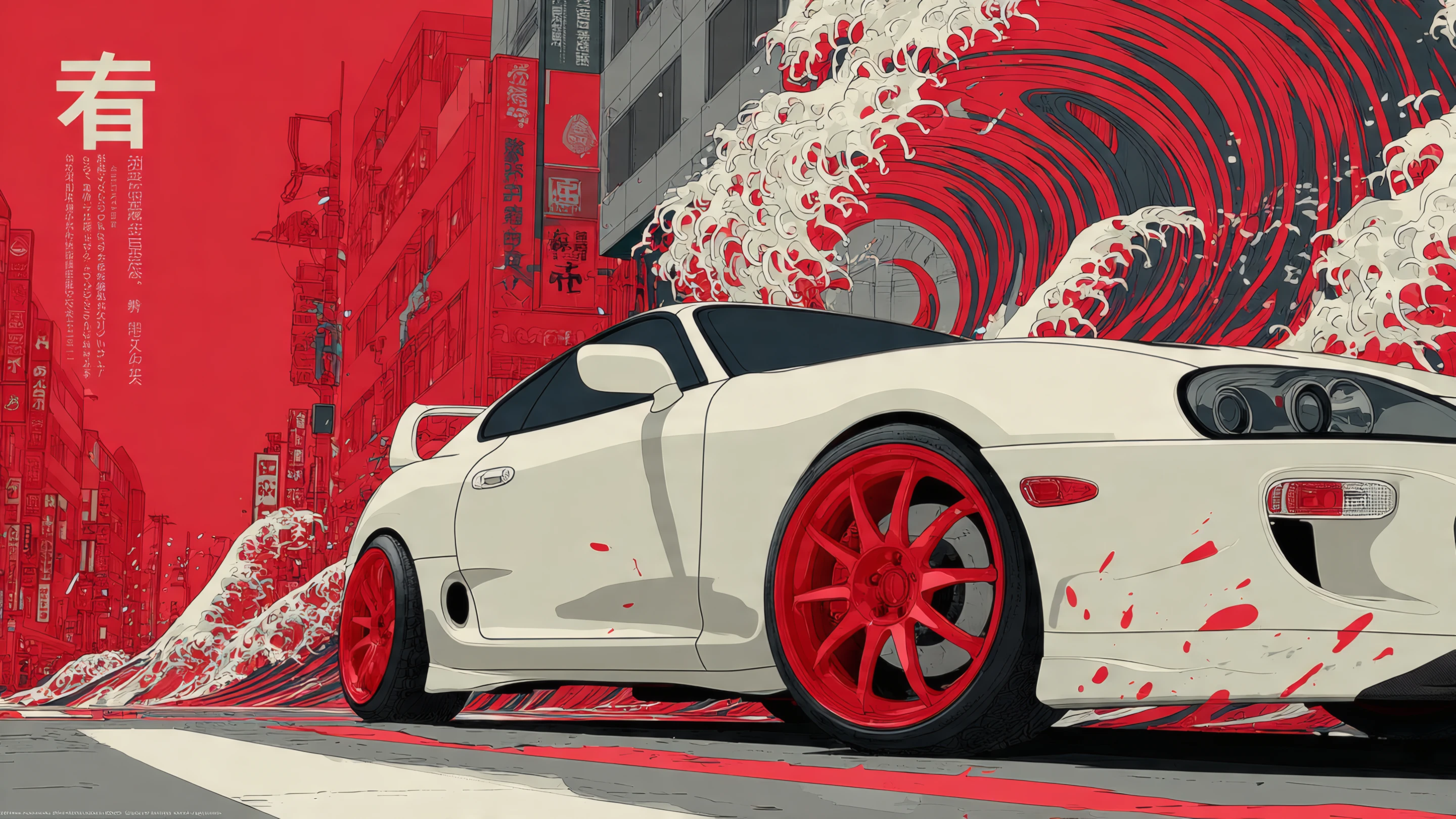 Stylized White Car with Red Wheels in Cityscape