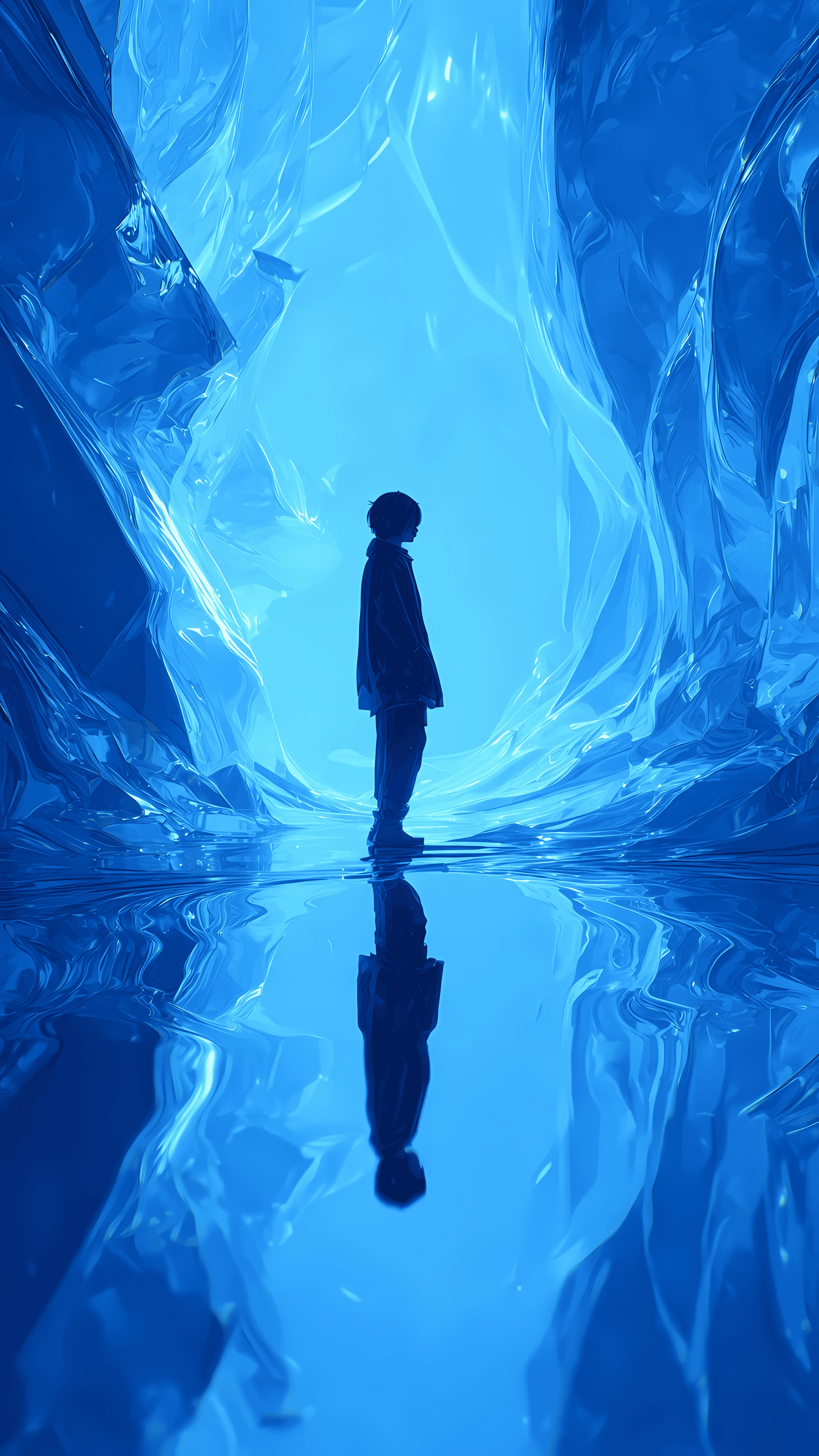 Submerged Silhouette Azure Ice Cavern Reflection