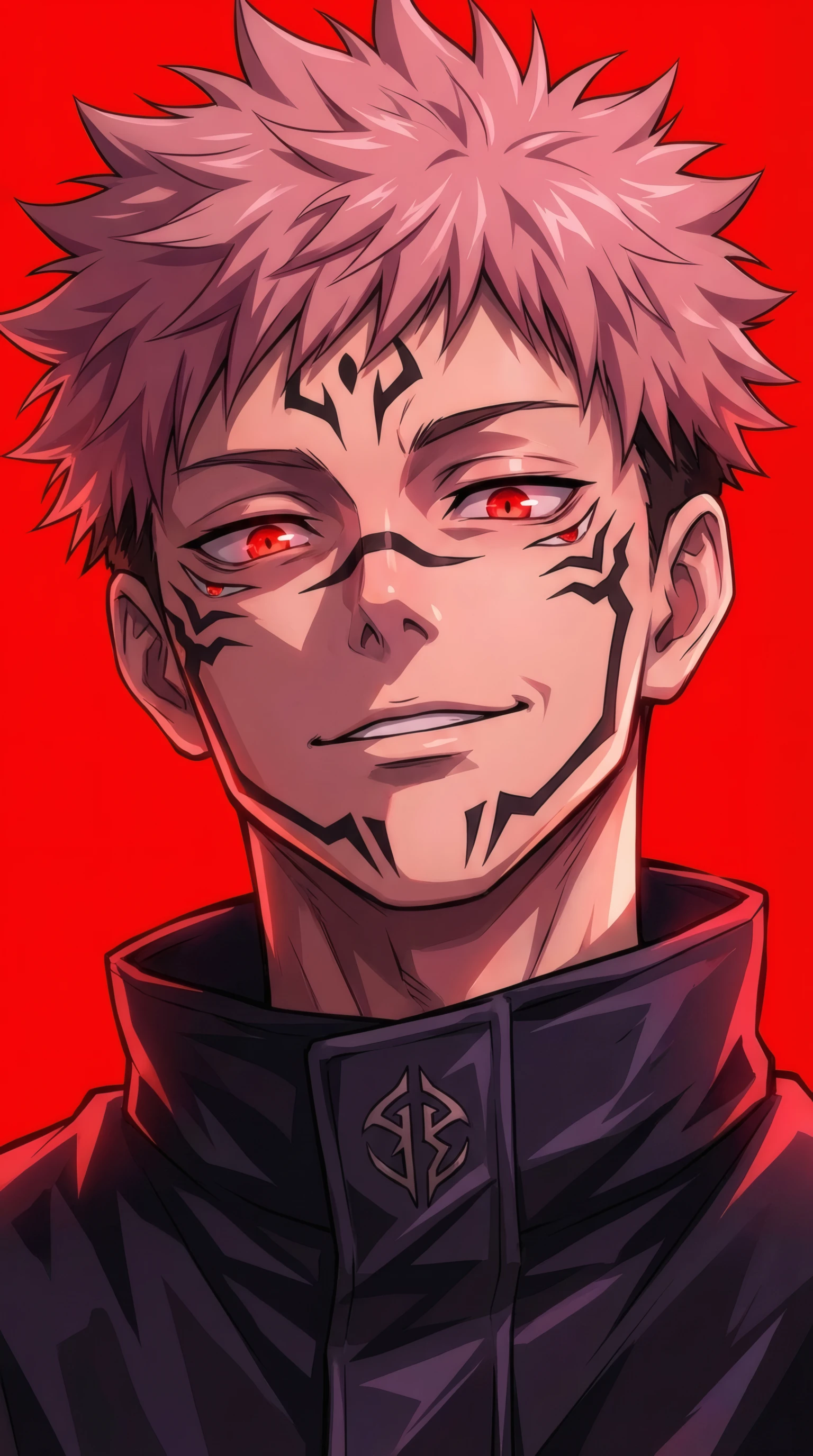 Sukuna's Intense Gaze on Crimson Background