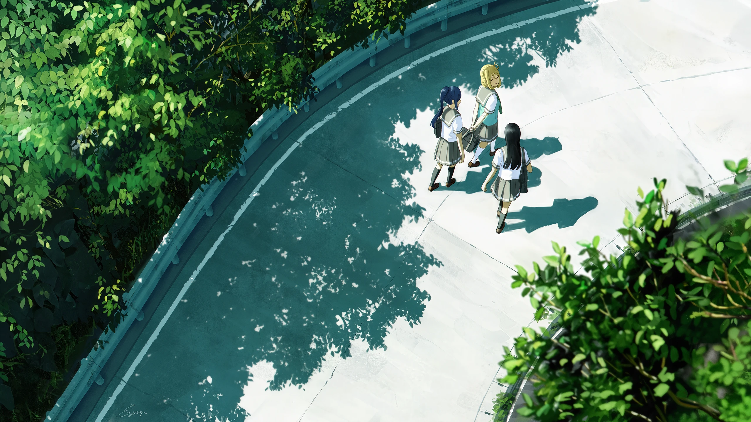 Sun-dappled Road Anime Schoolgirls in Summer Light
