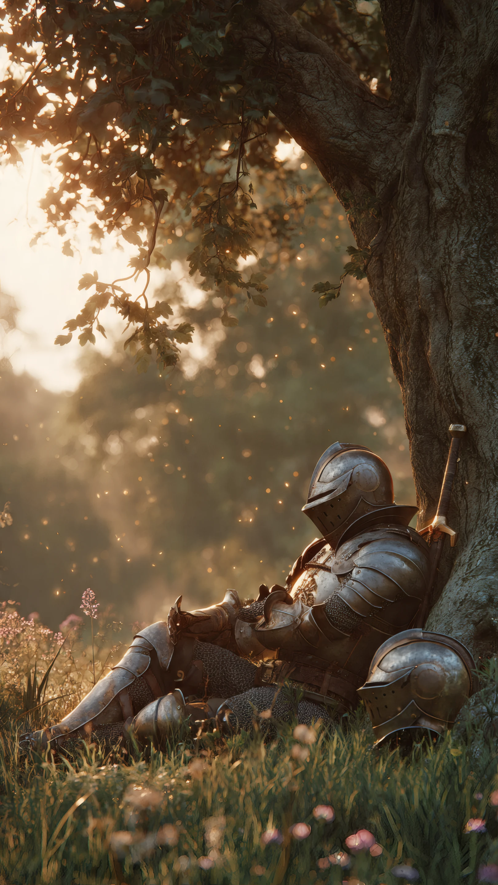 Sun-drenched Knight's Respite Under Ancient Tree