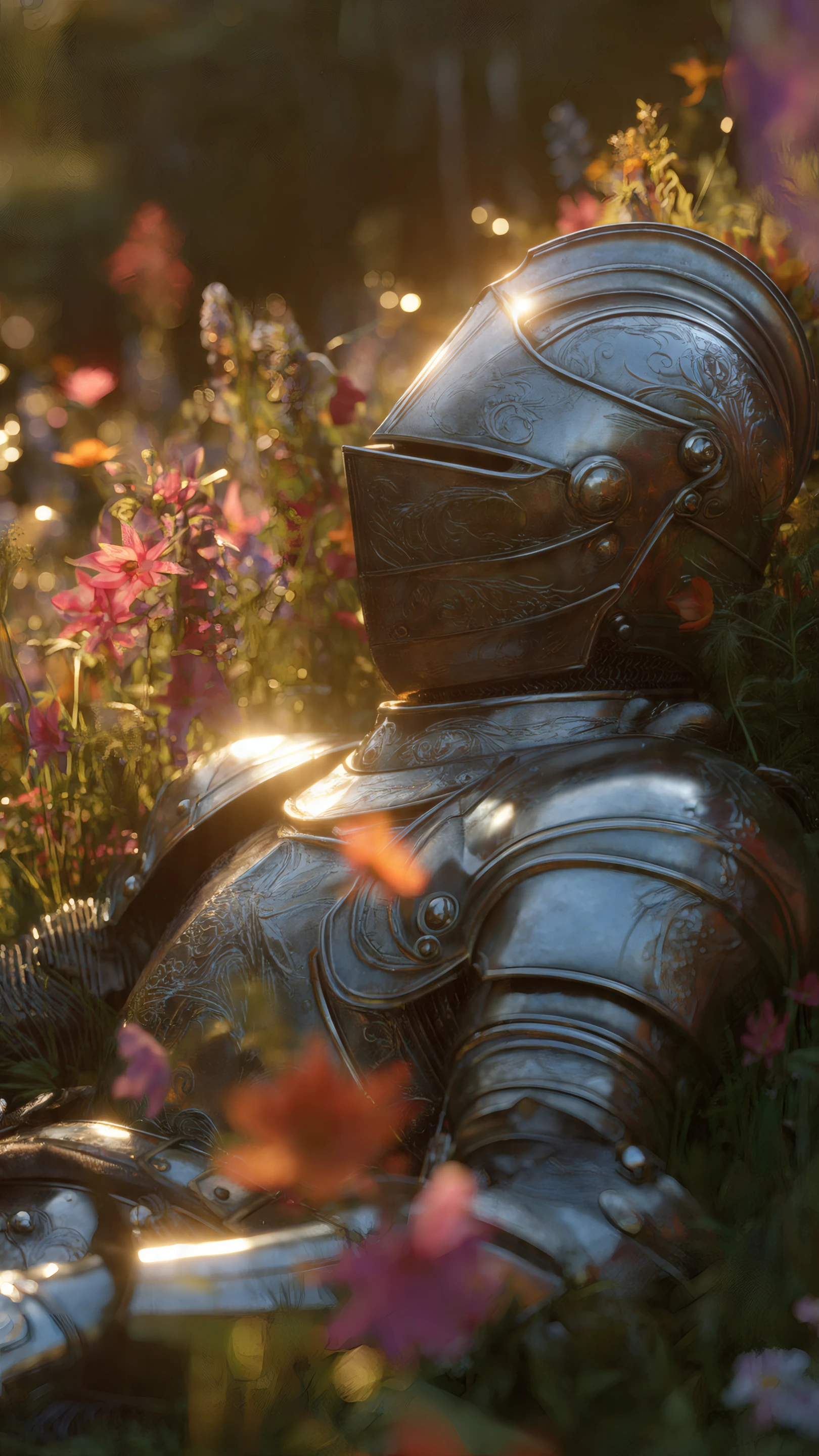 Sun-kissed Knight Armor Among Wildflowers