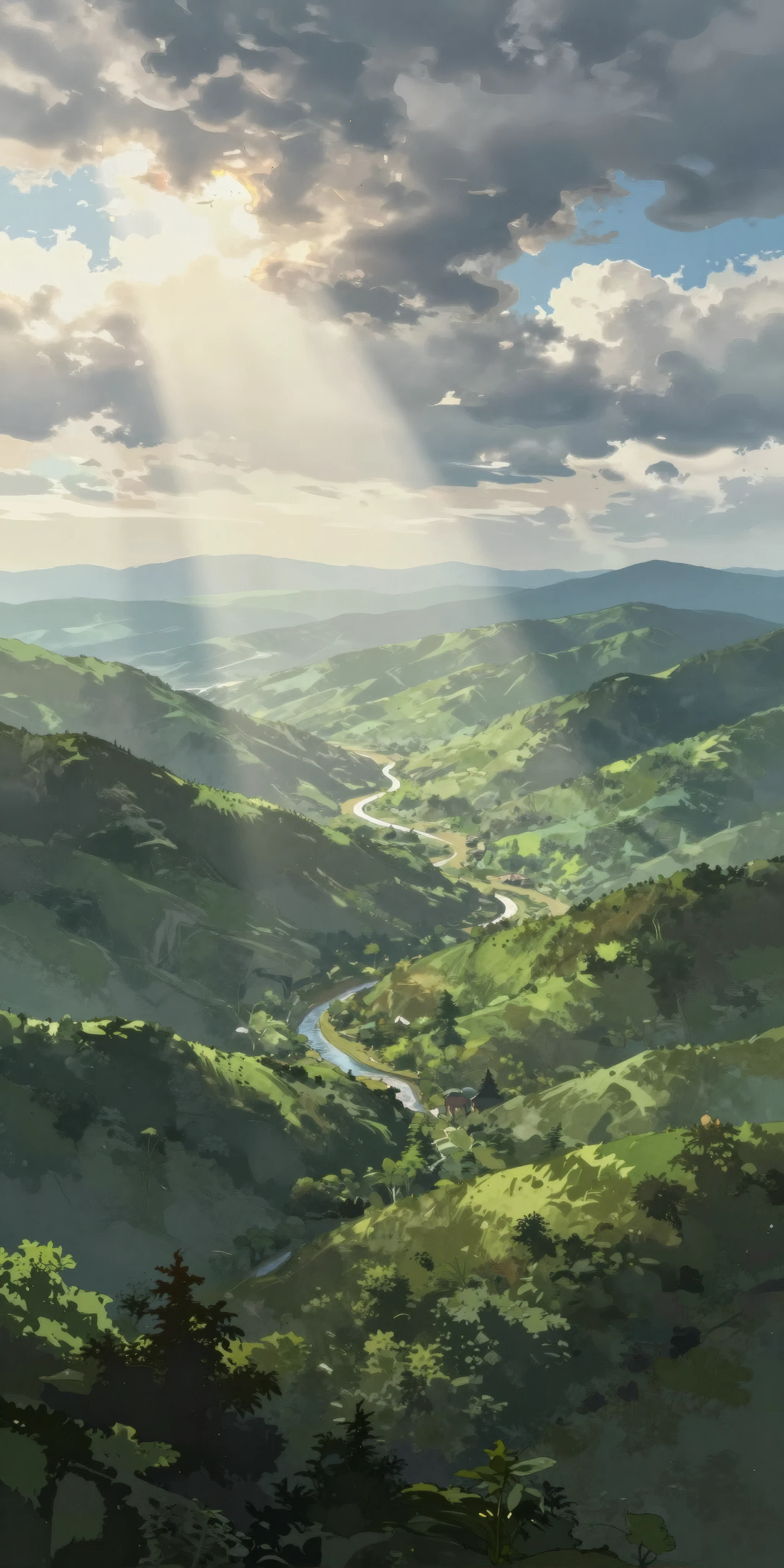 Sunbeams over Verdant Mountain Valley