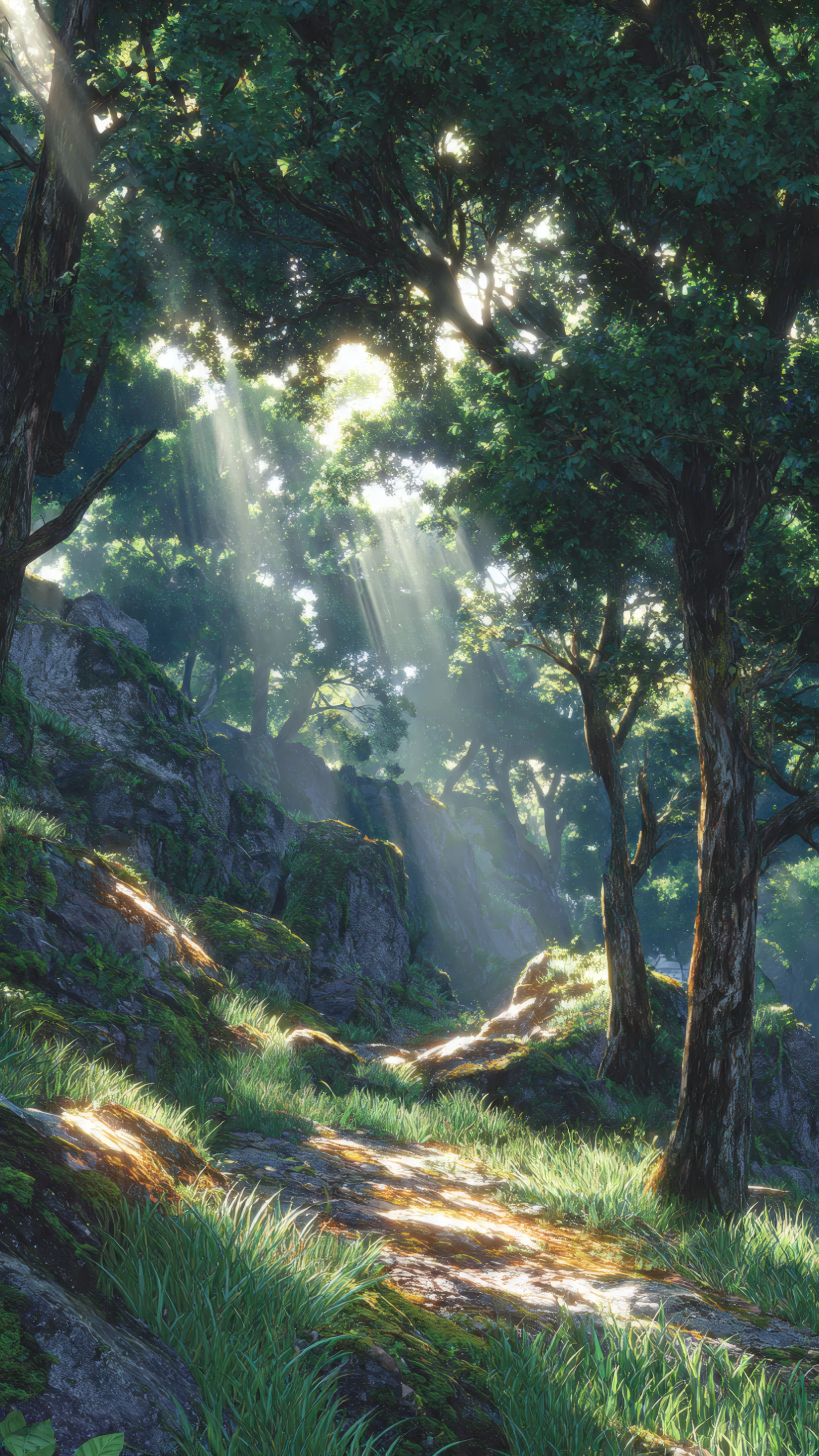 Sunbeams Through Verdant Forest Canopy