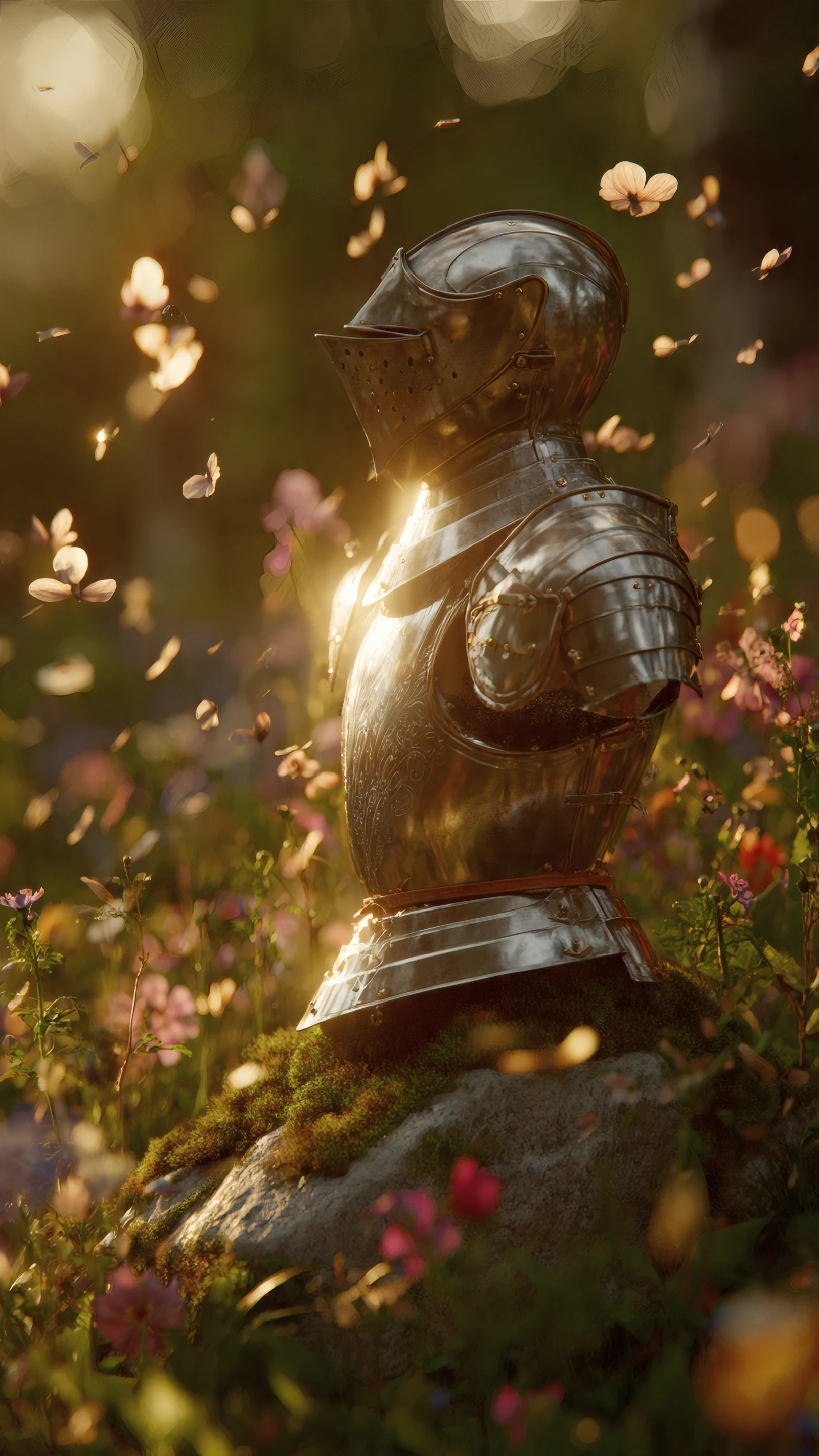 Sunlit Knight Armor Among Wildflowers