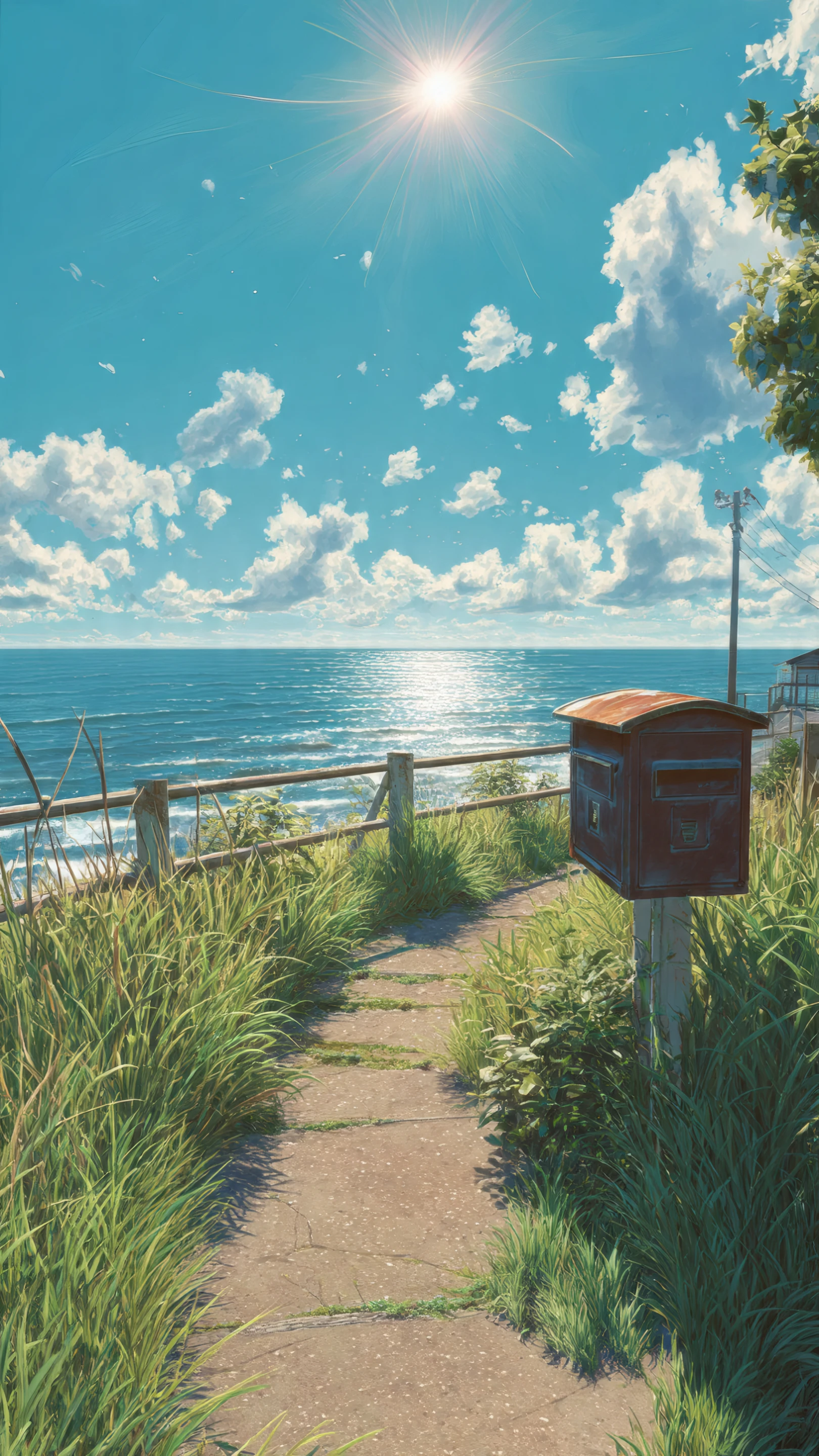 Sunlit Path to Sea with Weathered Red Mailbox