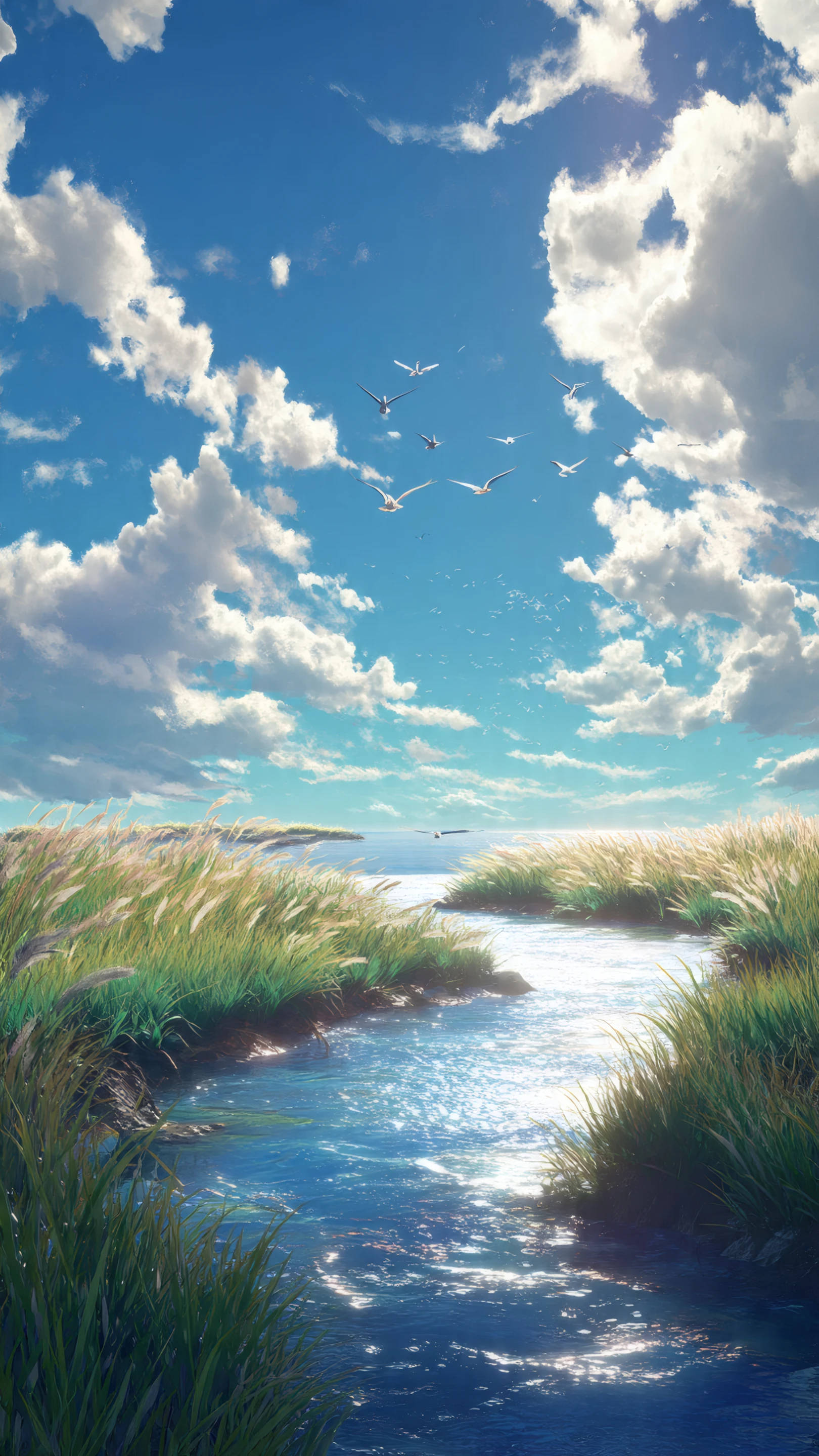 Sunlit River Through Tall Grass Under Azure Skies