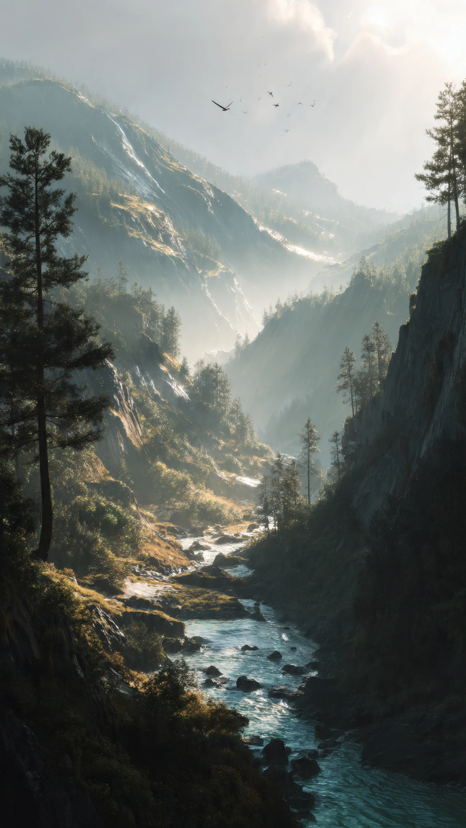 Sunlit River Valley Among Misty Peaks