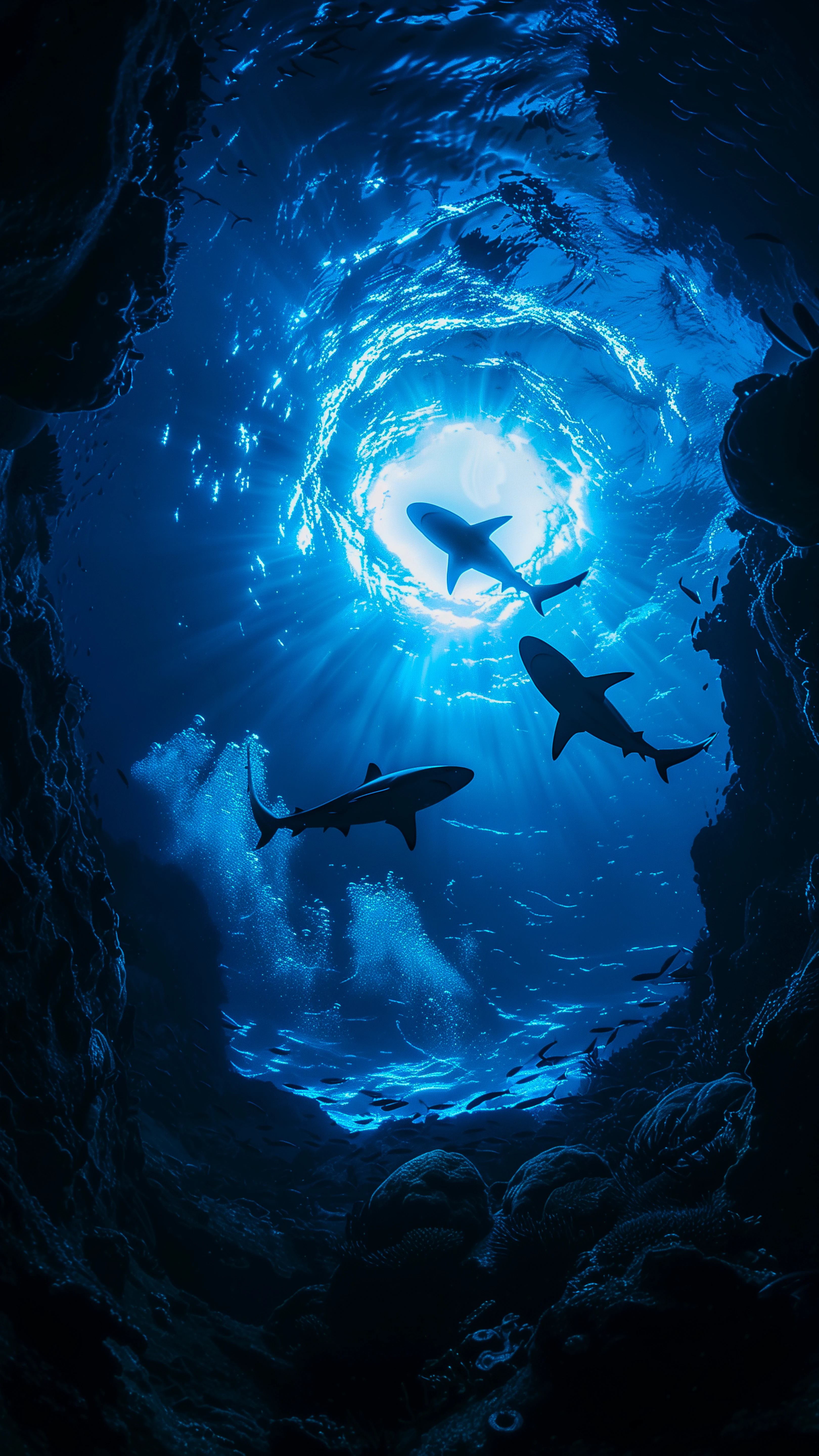 Sunlit Sharks Silhouetted in Azure Depths Wallpaper
