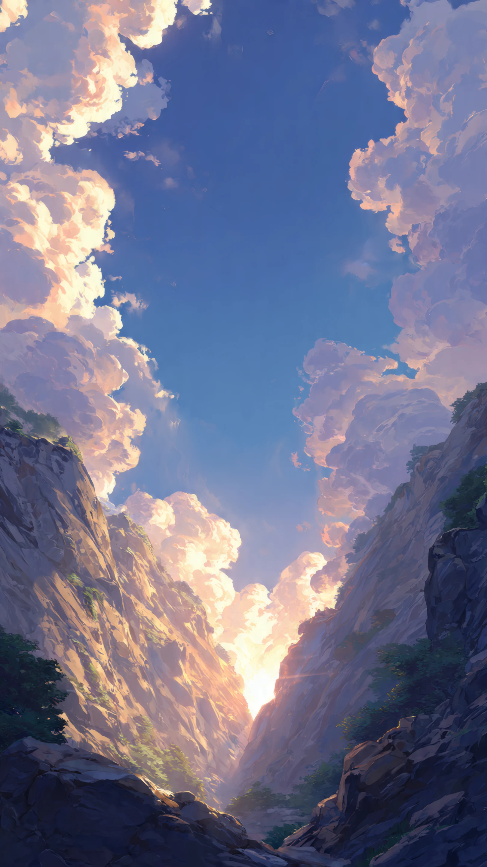 Sunlit Valley Between Cliffs and Clouds