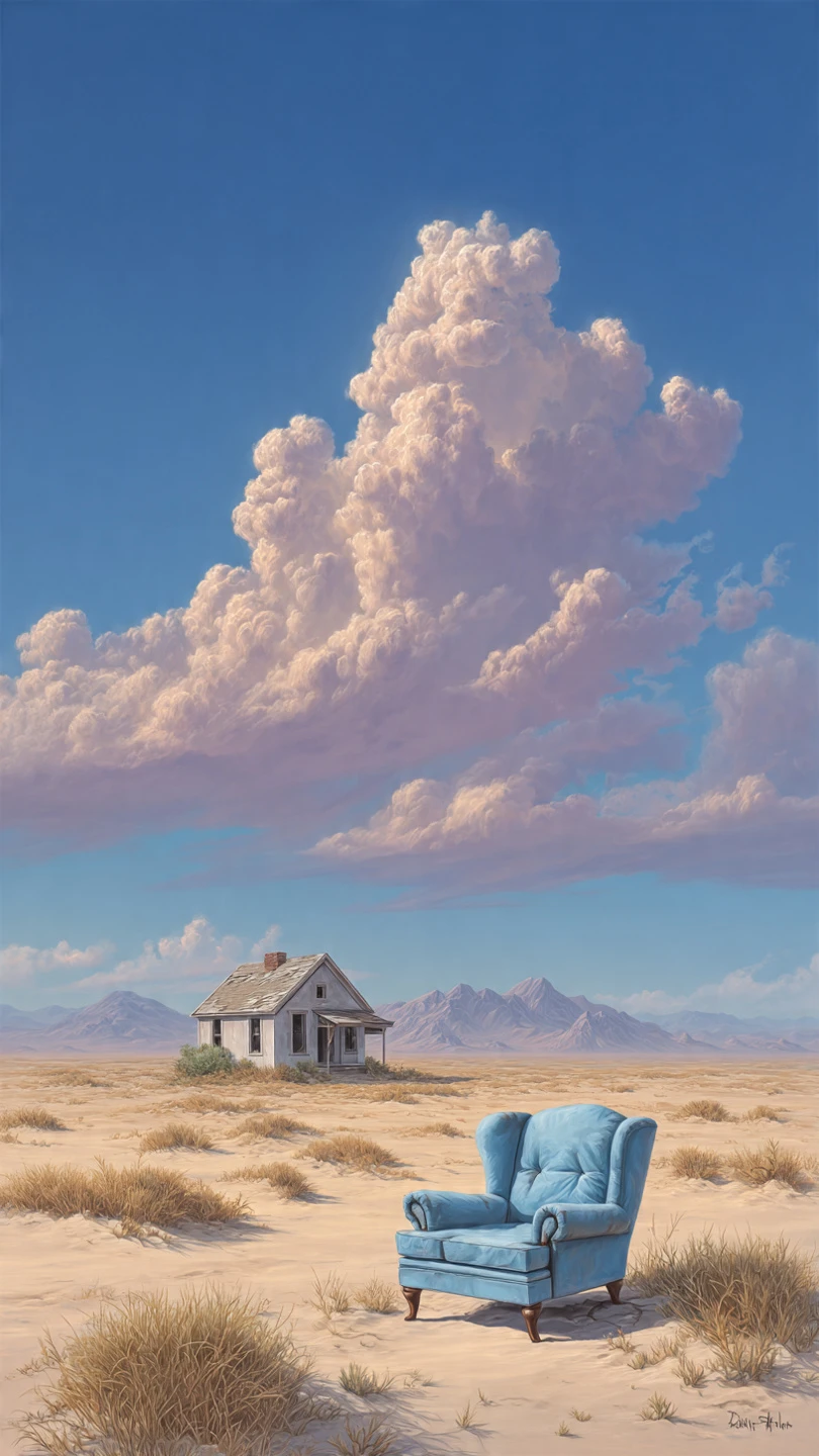 Surreal Desert Scene with Armchair and Abandoned House