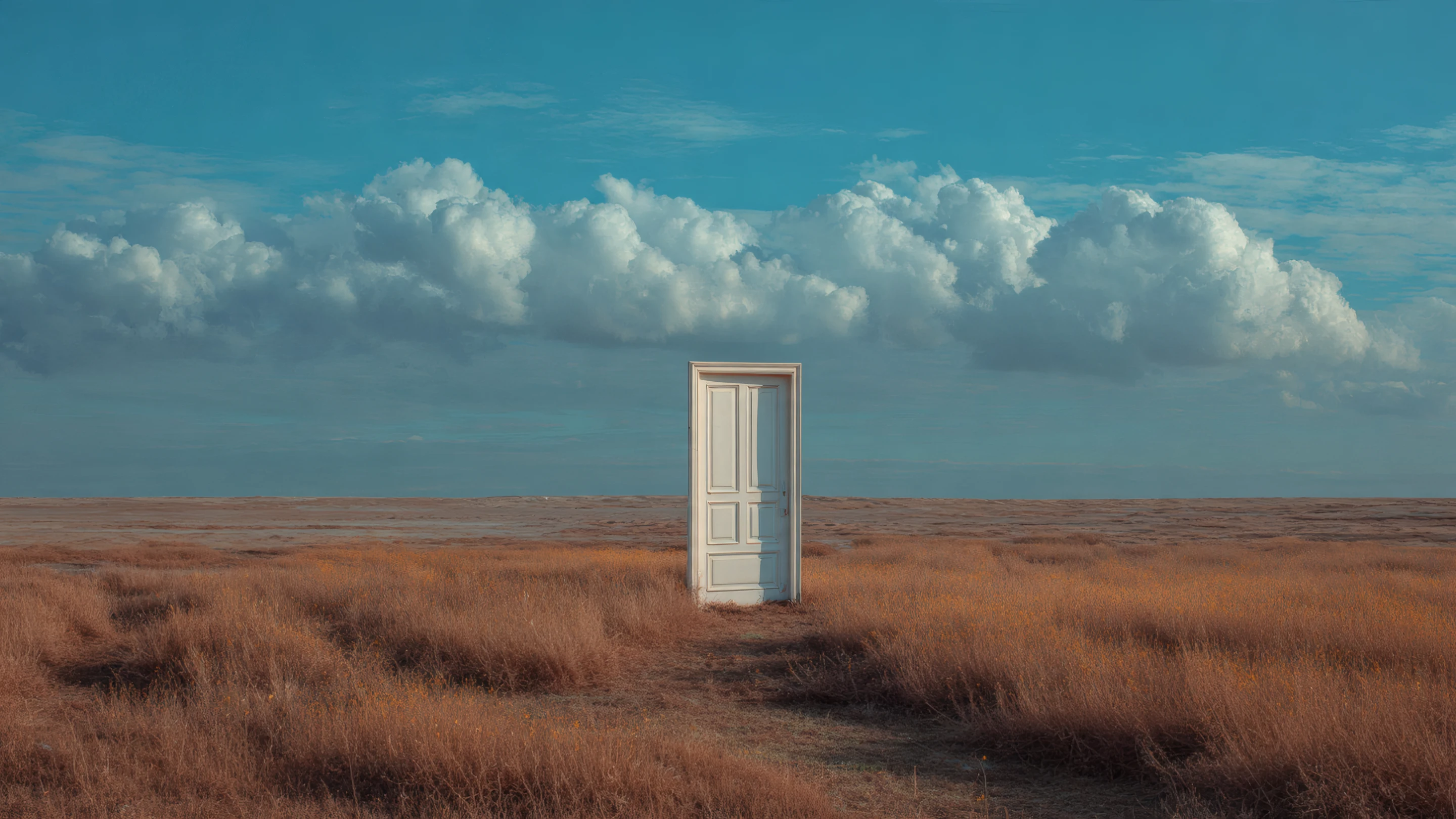 Surreal Doorway in Field of Dreams Under Cloudy Sky
