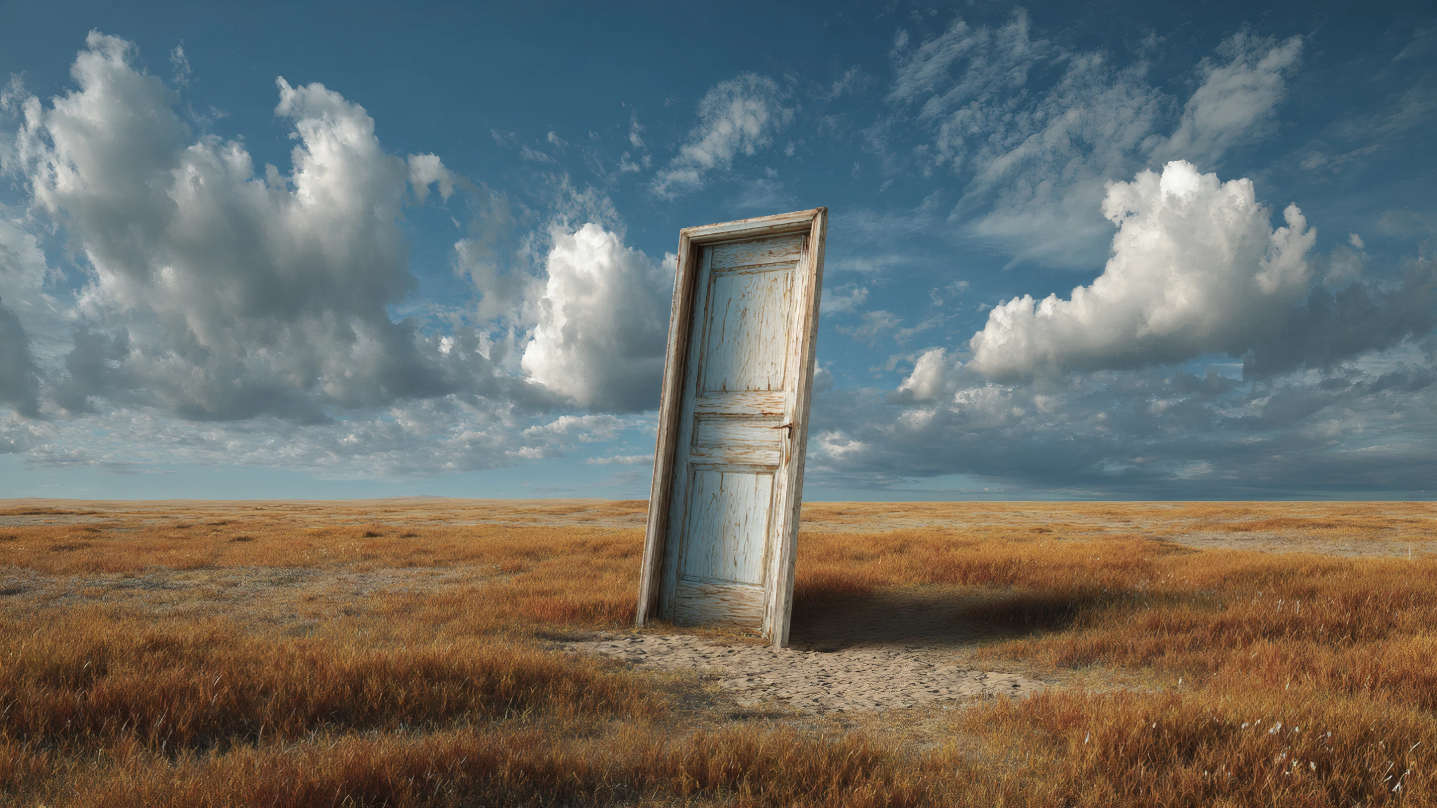 Surreal Doorway in Golden Field Under Cloudy Sky