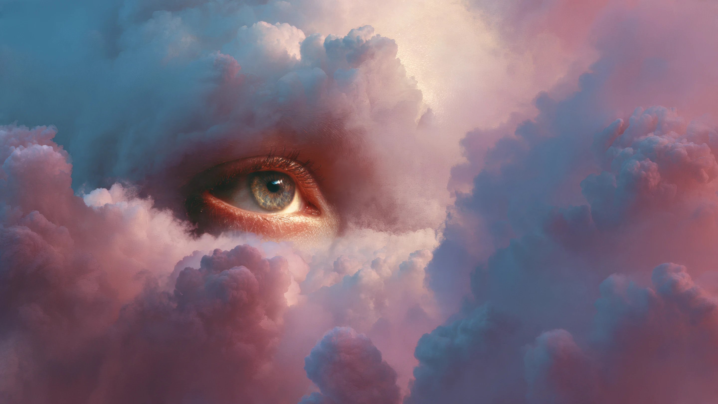 Surreal Eye View Amidst Pink and Blue Clouds
