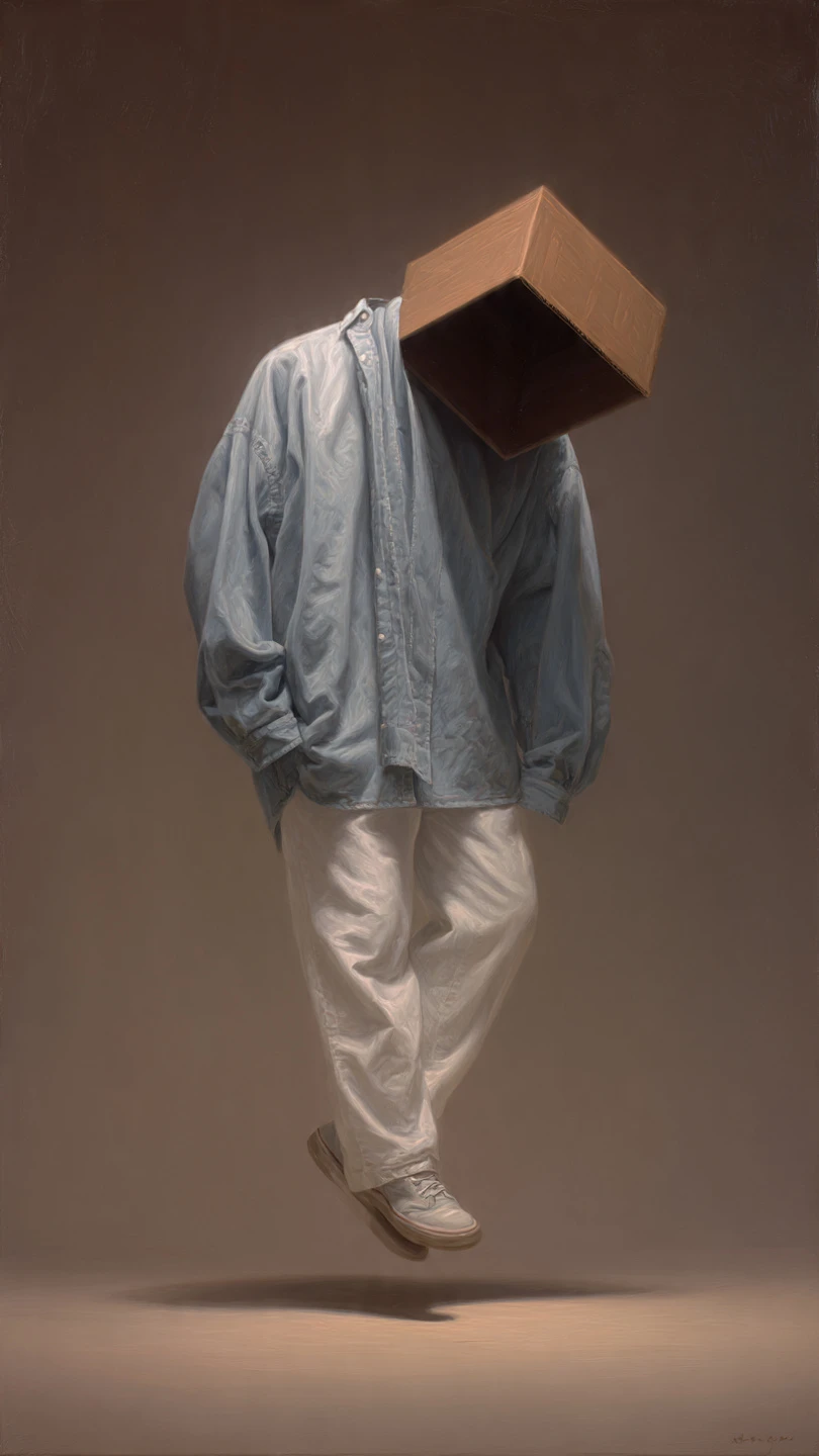 Surreal Figure with Cardboard Box Head in Studio