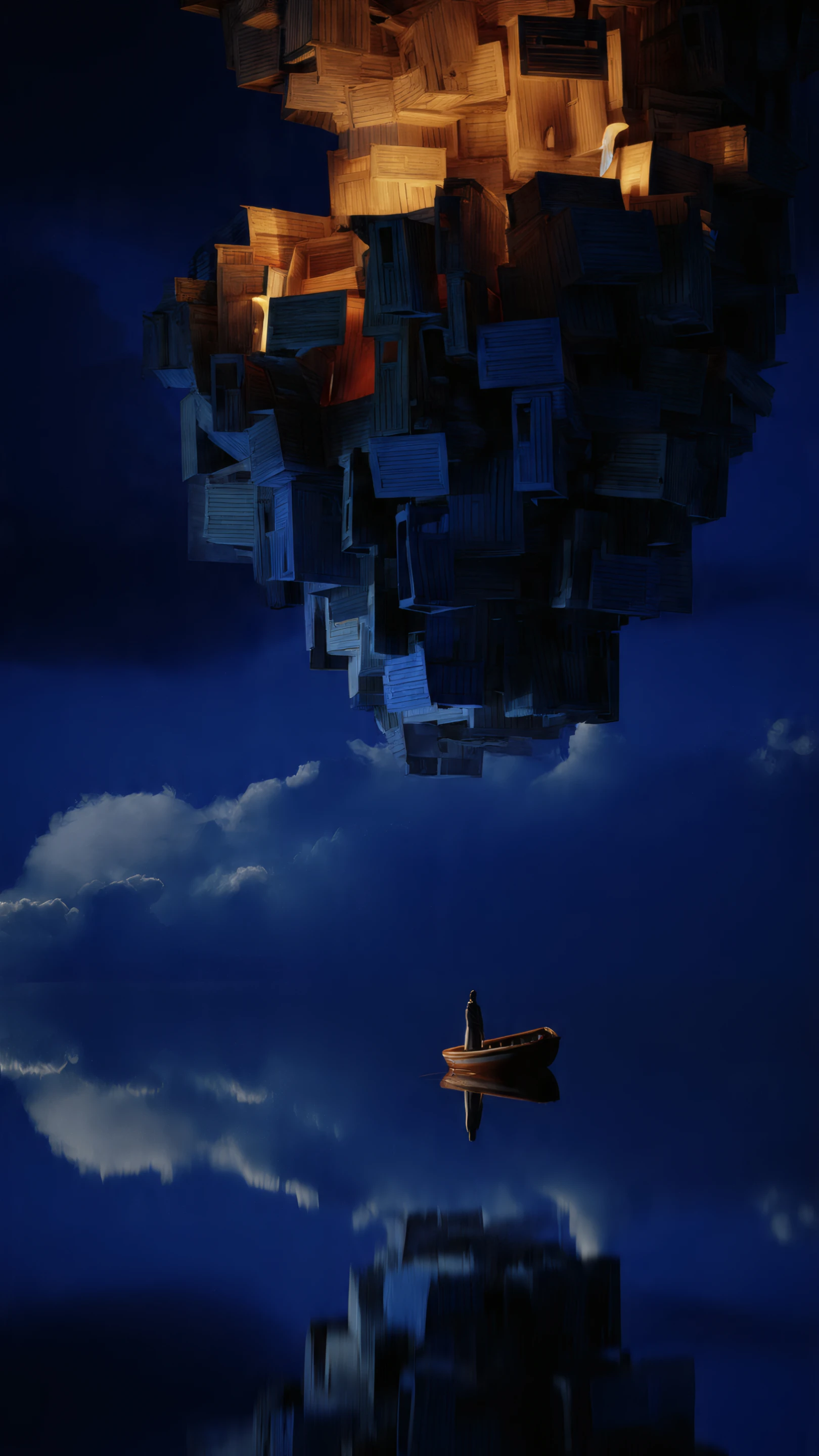 Surreal Floating City Reflected on Water with Boat