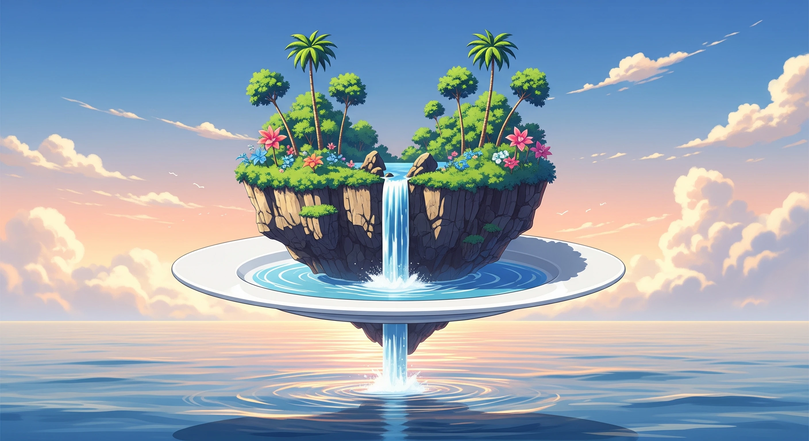 Surreal Floating Island Waterfall Scene with Blue Sky