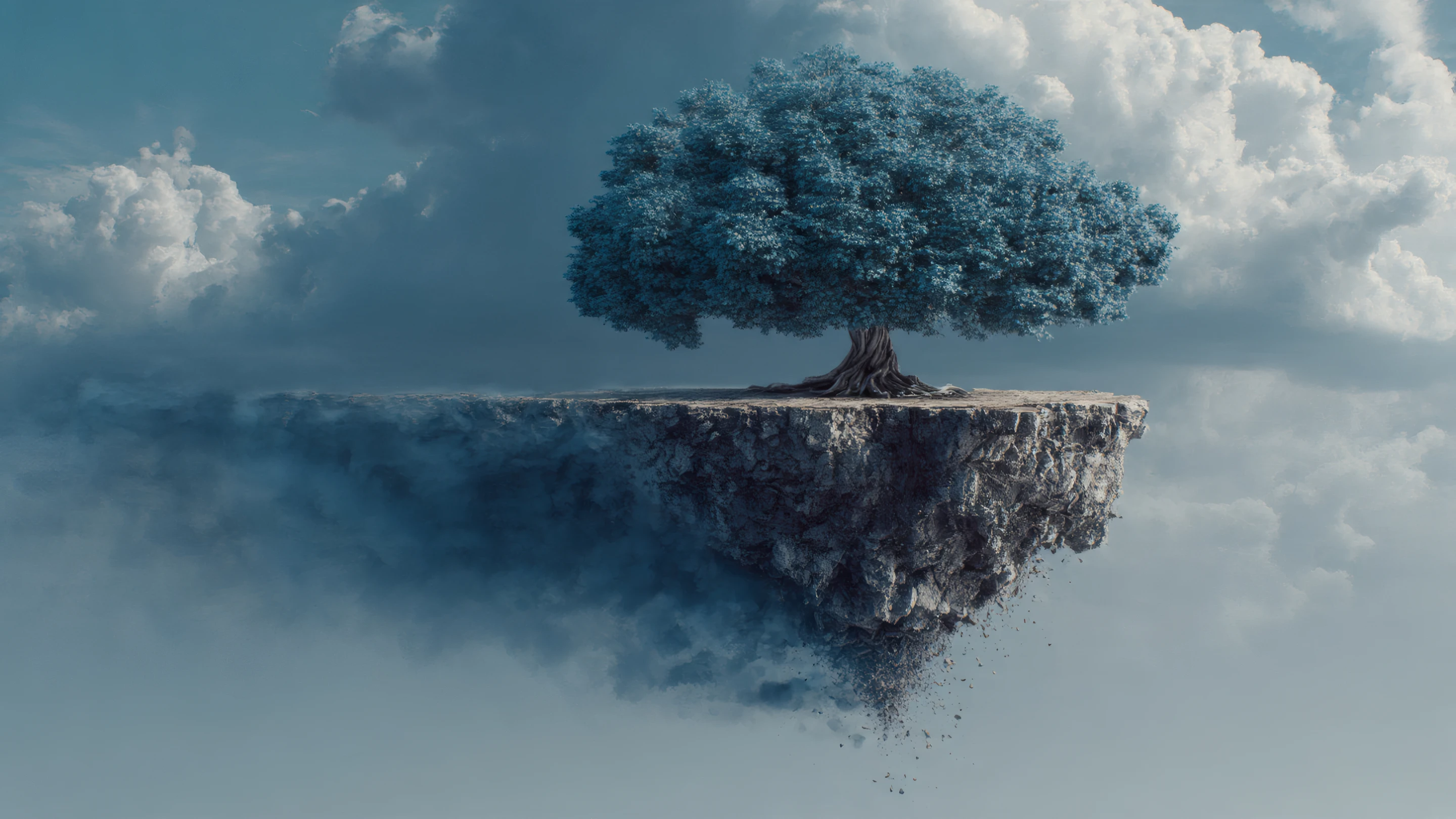 Surreal Floating Island with Tree and Cloudy Sky