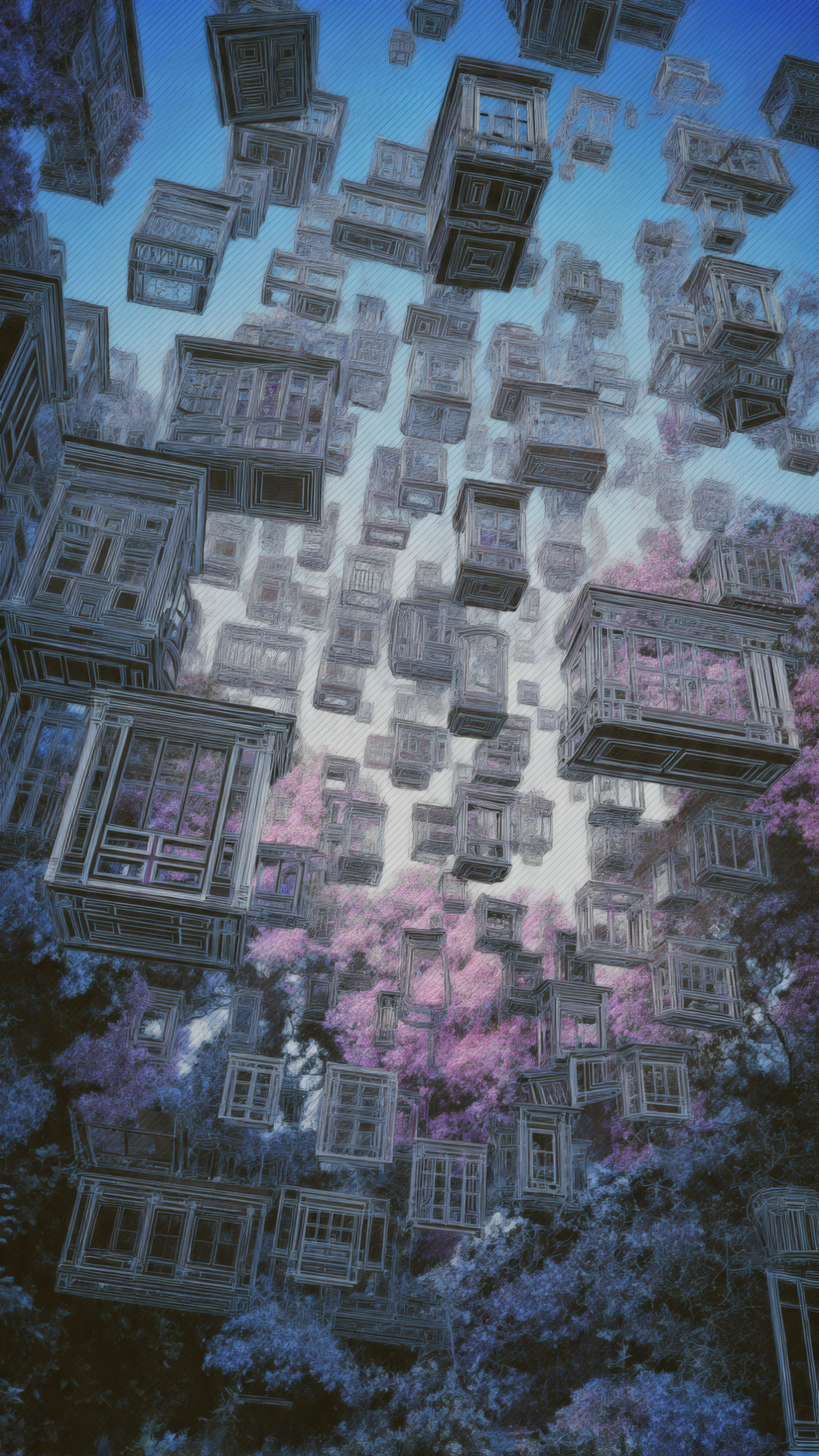 Surreal Floating Window Boxes Above a Dreamy Forest