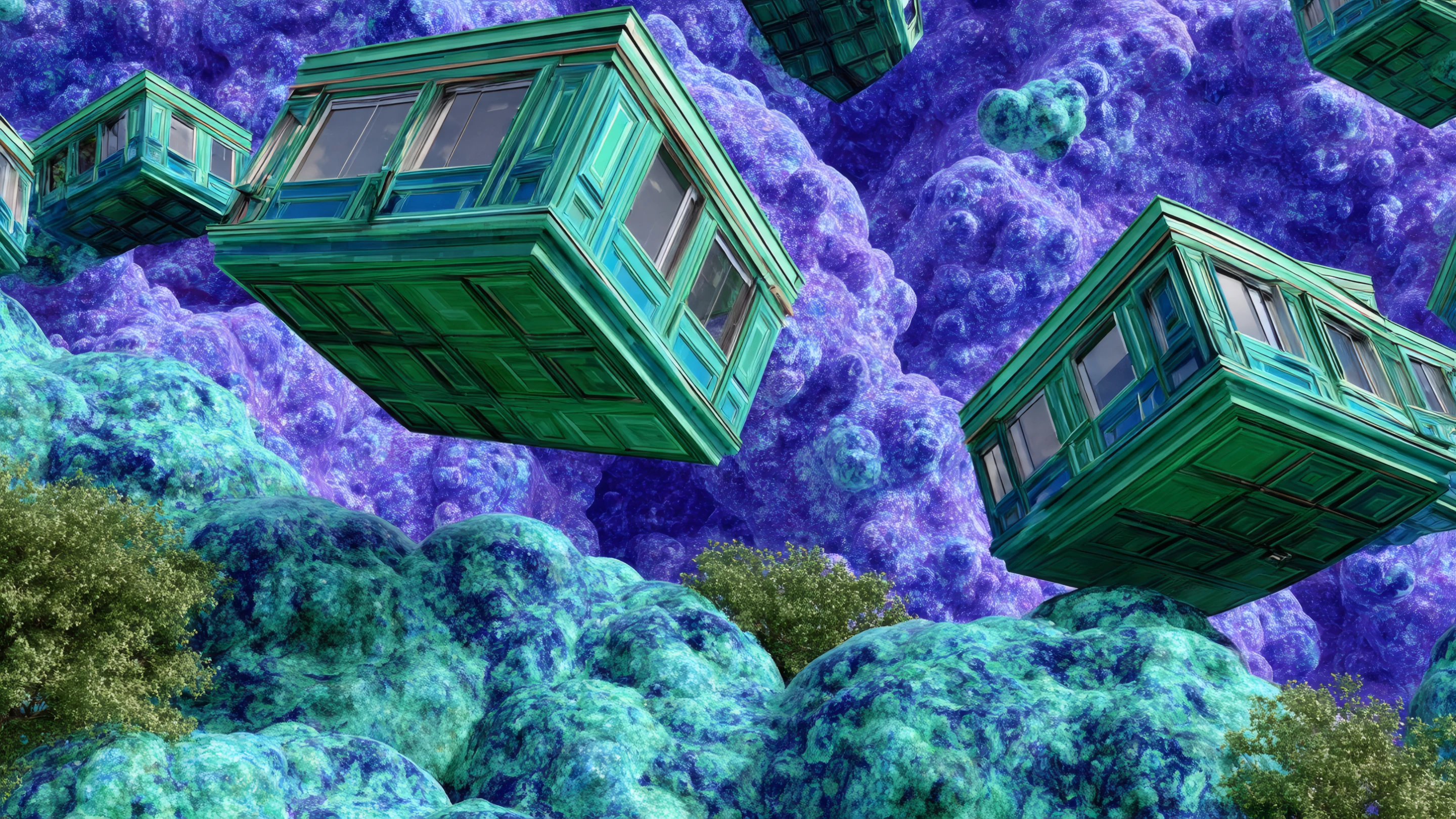 Surreal Green Houses Floating in a Lavender Sky