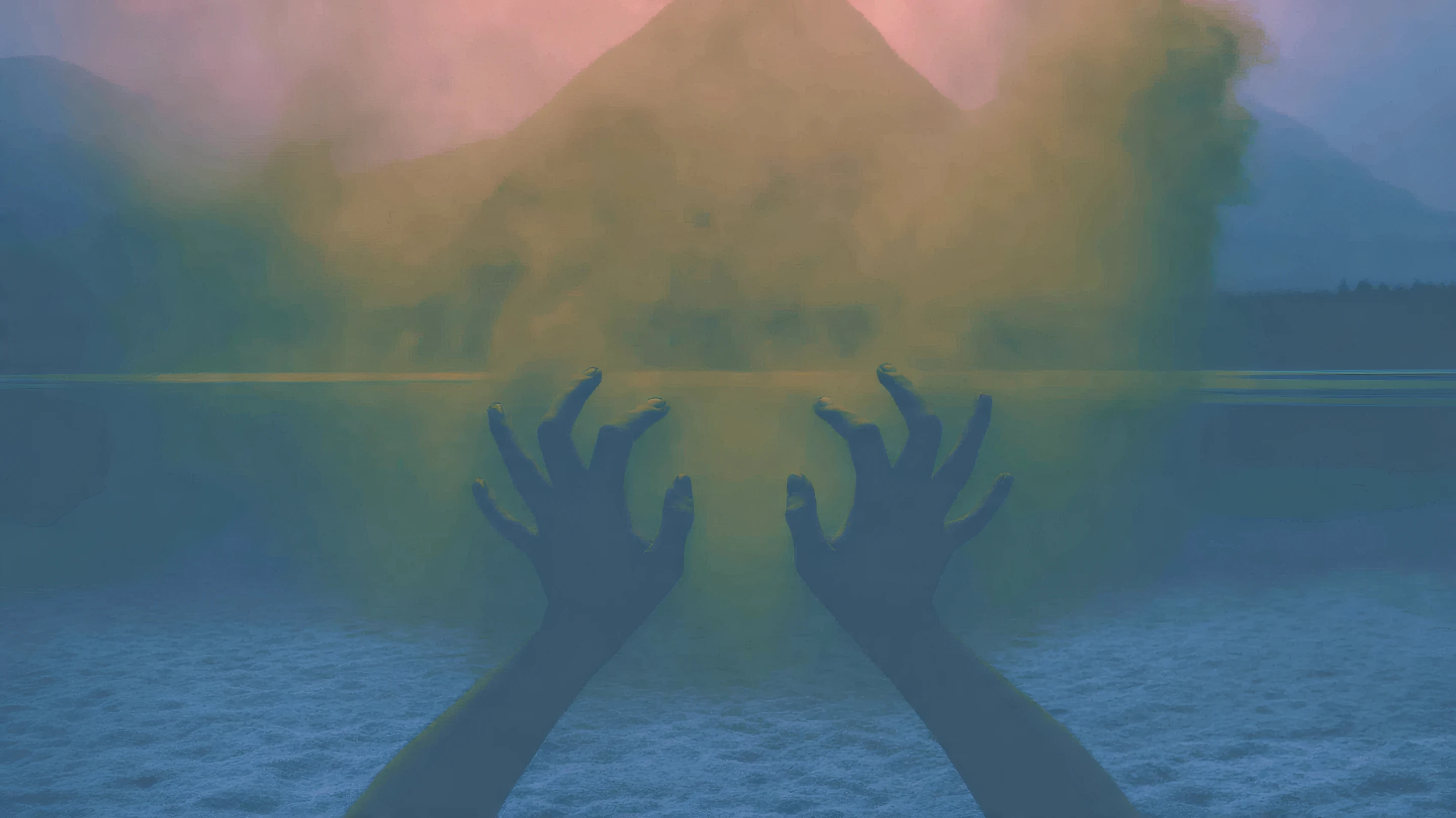 Surreal Hands Emerge from Misty Blue Water Landscape