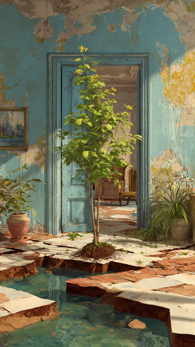 Surreal Interior with Tree Growing in Water