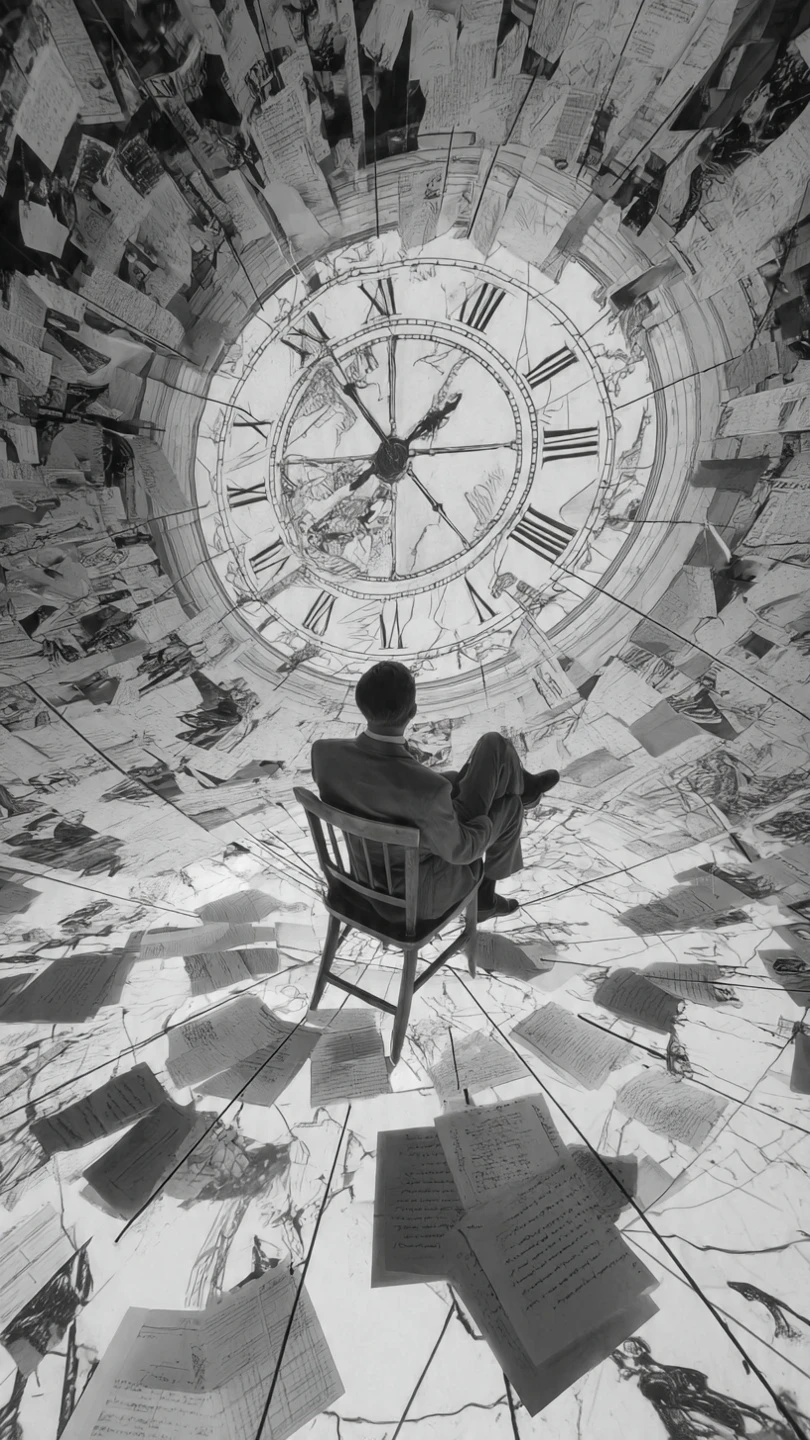Surreal Monochrome Room with Clock and Papers Illustration