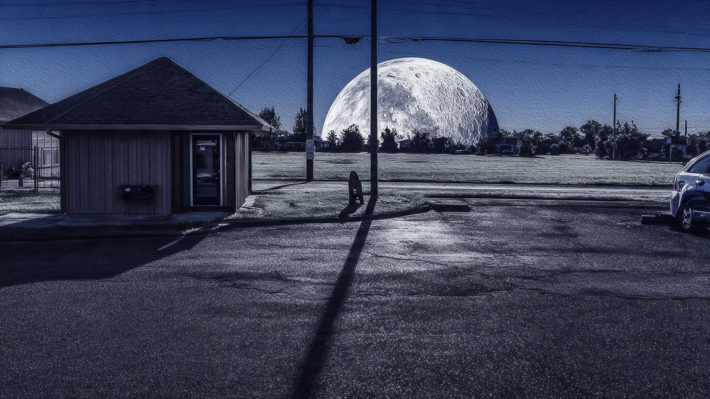 Surreal Moonscape with Building and Asphalt