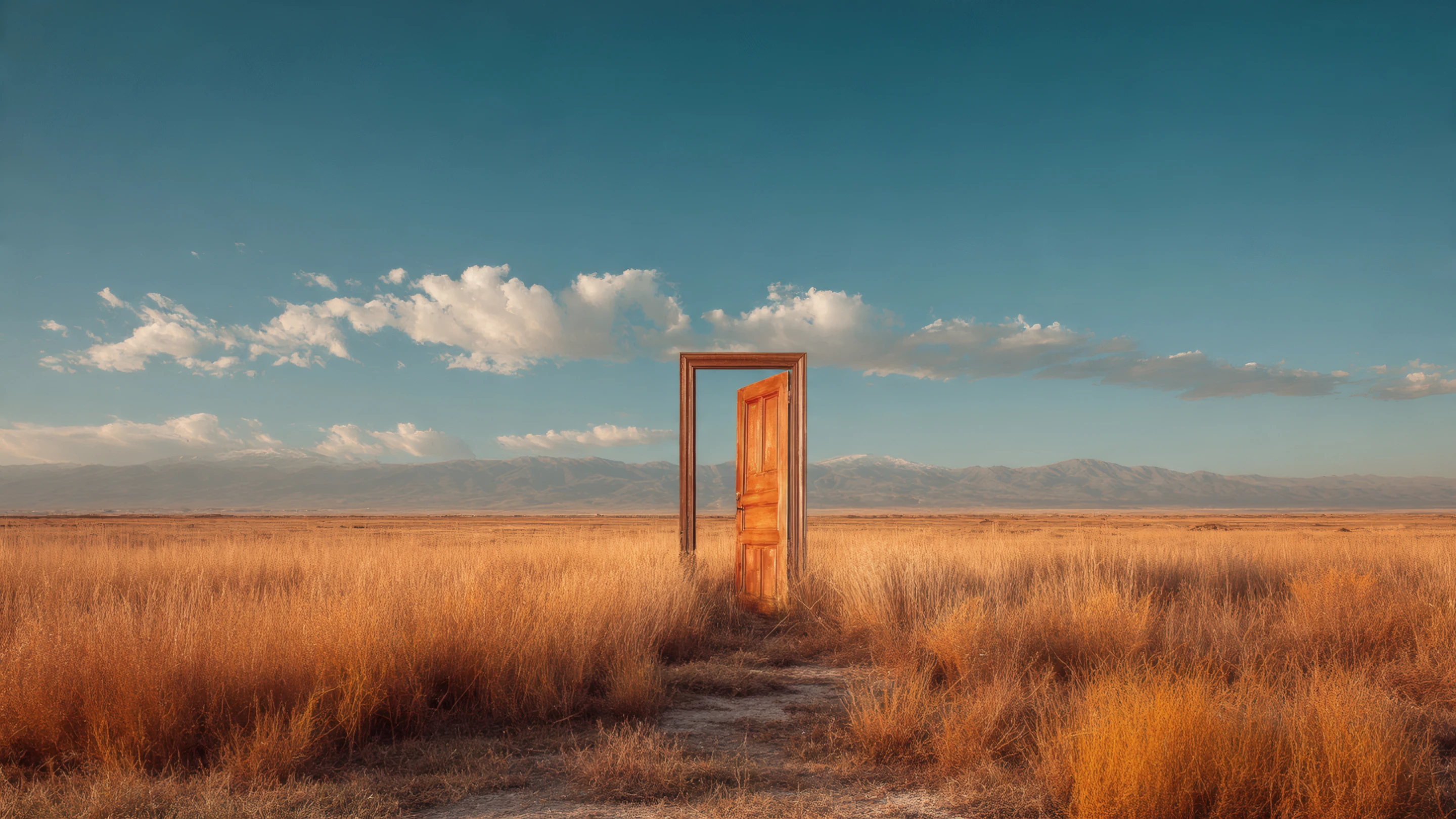 Surreal Open Door in a Golden Field Landscape
