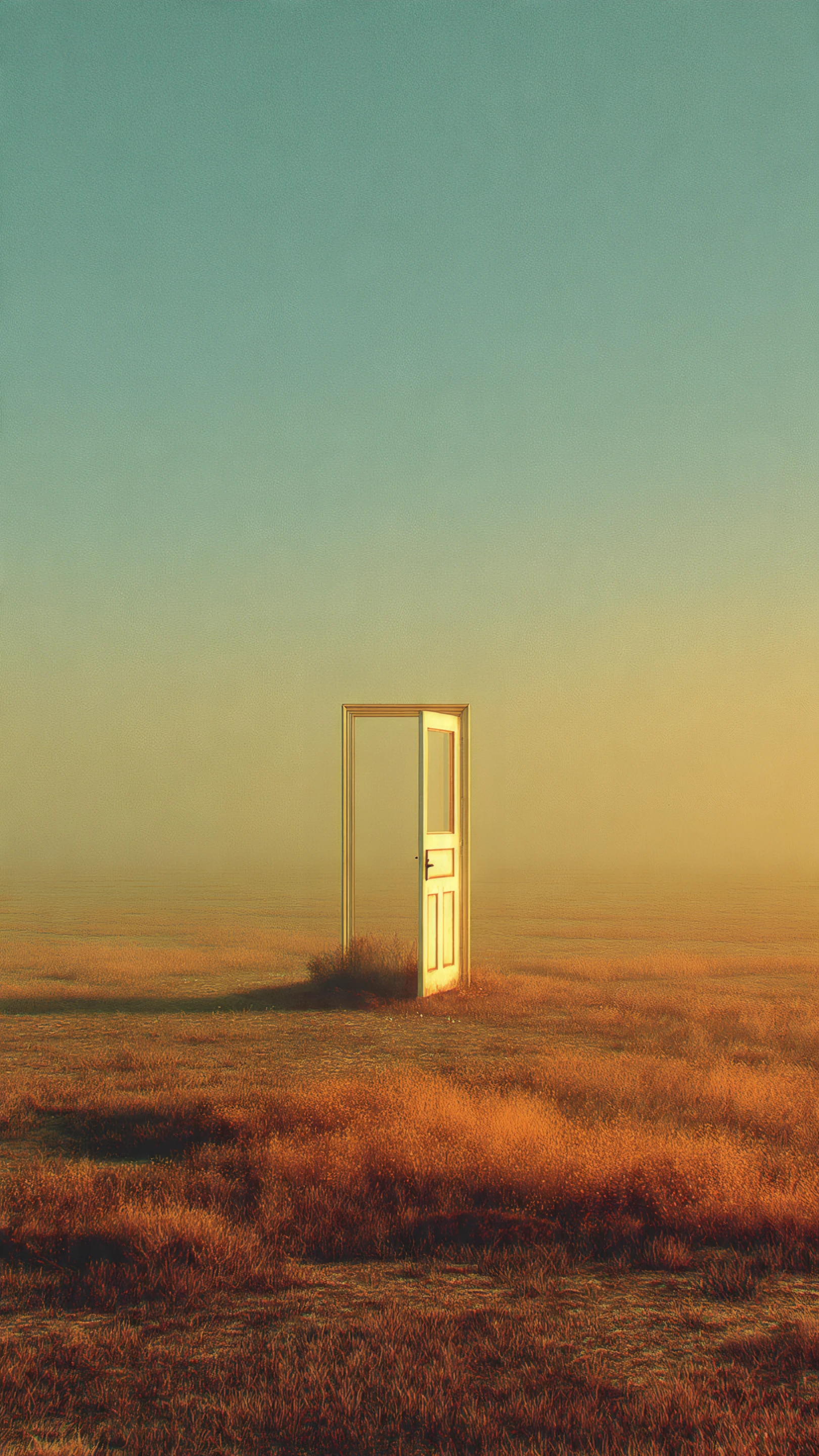 Surreal Open Door in Golden Field Under Pale Sky
