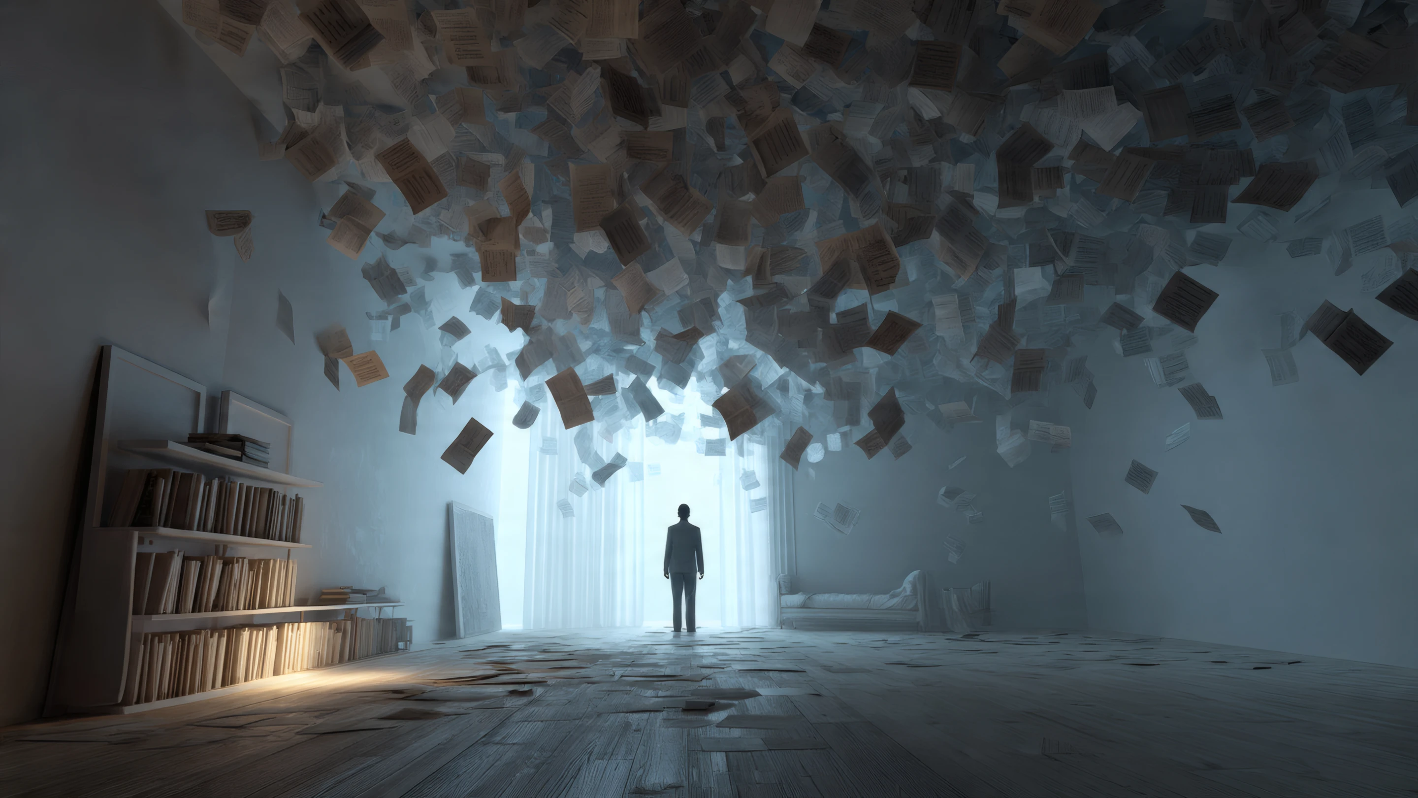 Surreal Room with Falling Papers and Silhouette Figure
