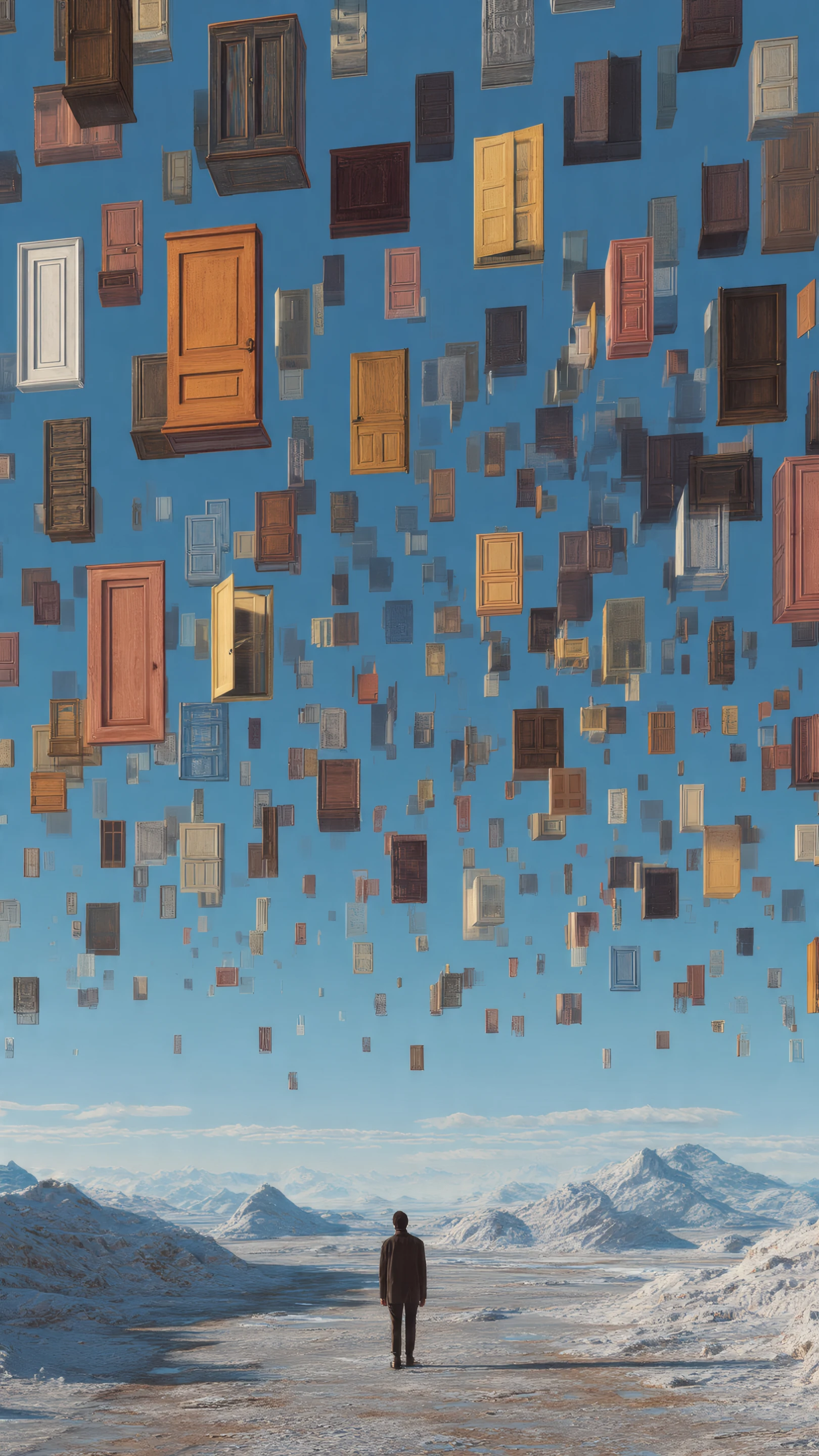 Surreal Scene with Floating Doors and Man