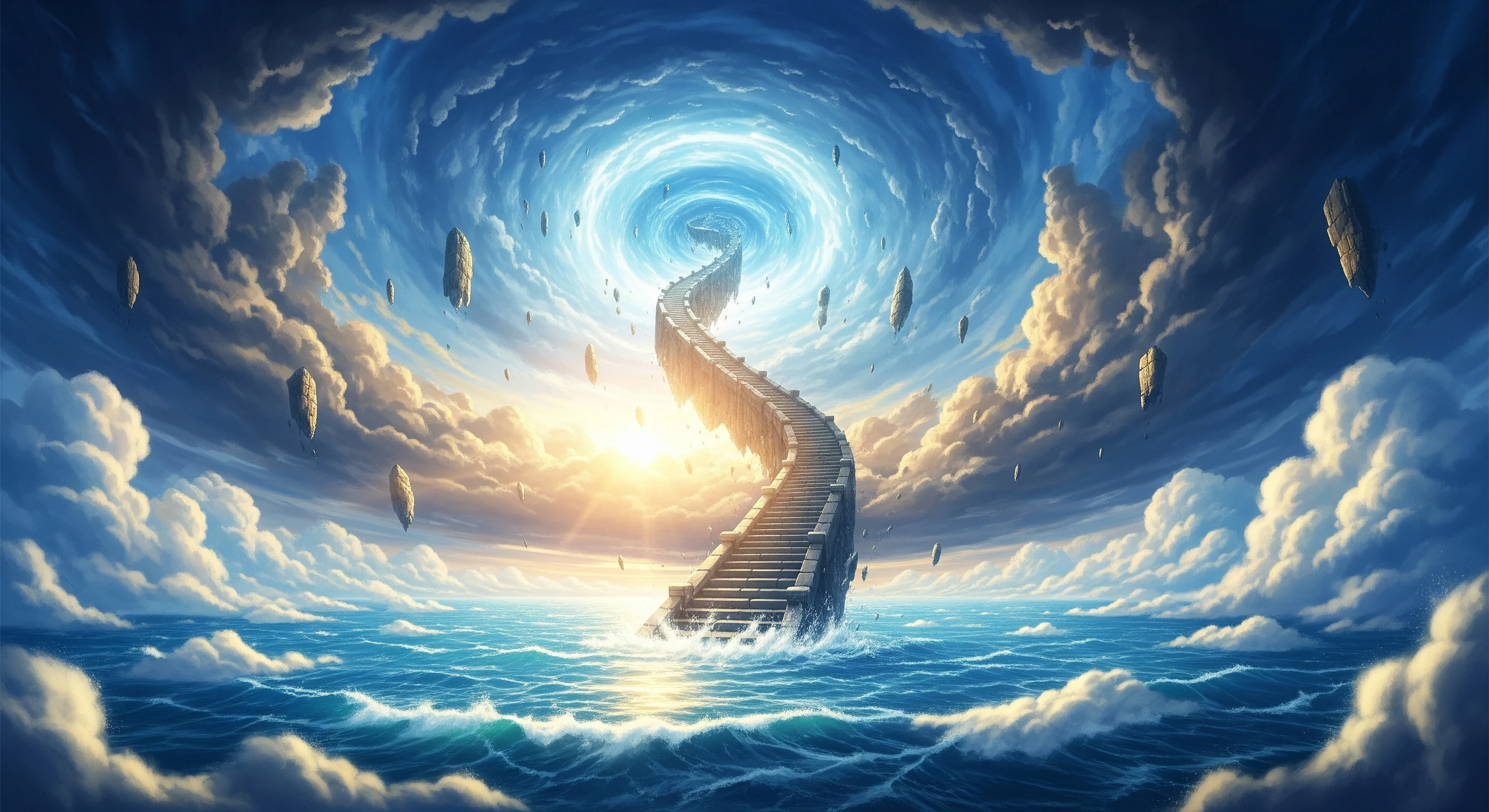 Surreal Stairway to Heaven Above Ocean Waves
