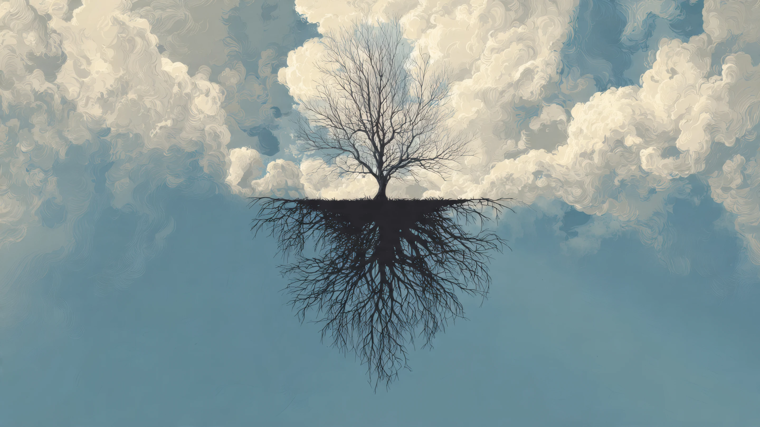 Surreal Tree Inversion with Clouds and Sky Backdrop