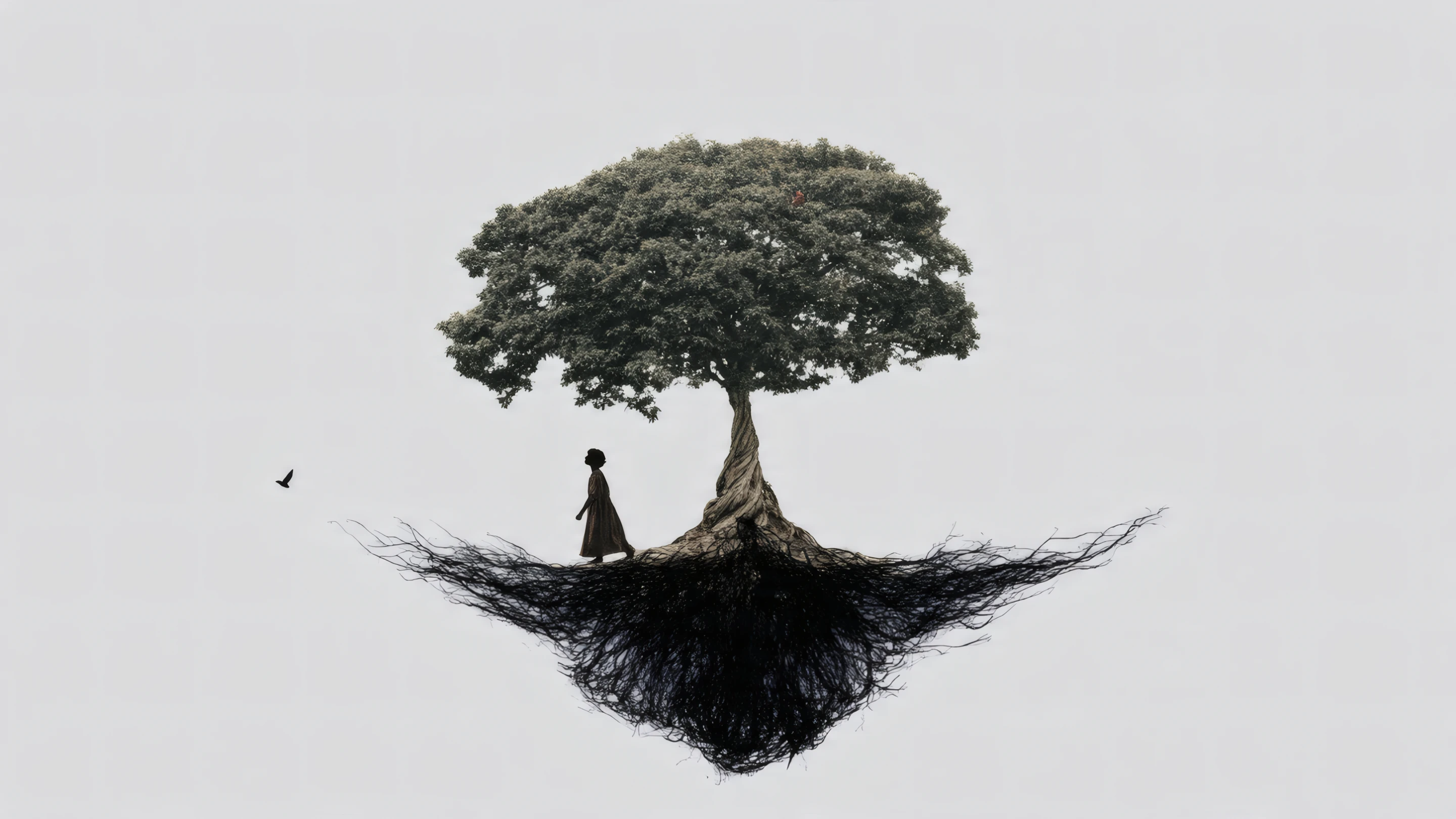 Surreal Tree Island with Figure and Bird Silhouette