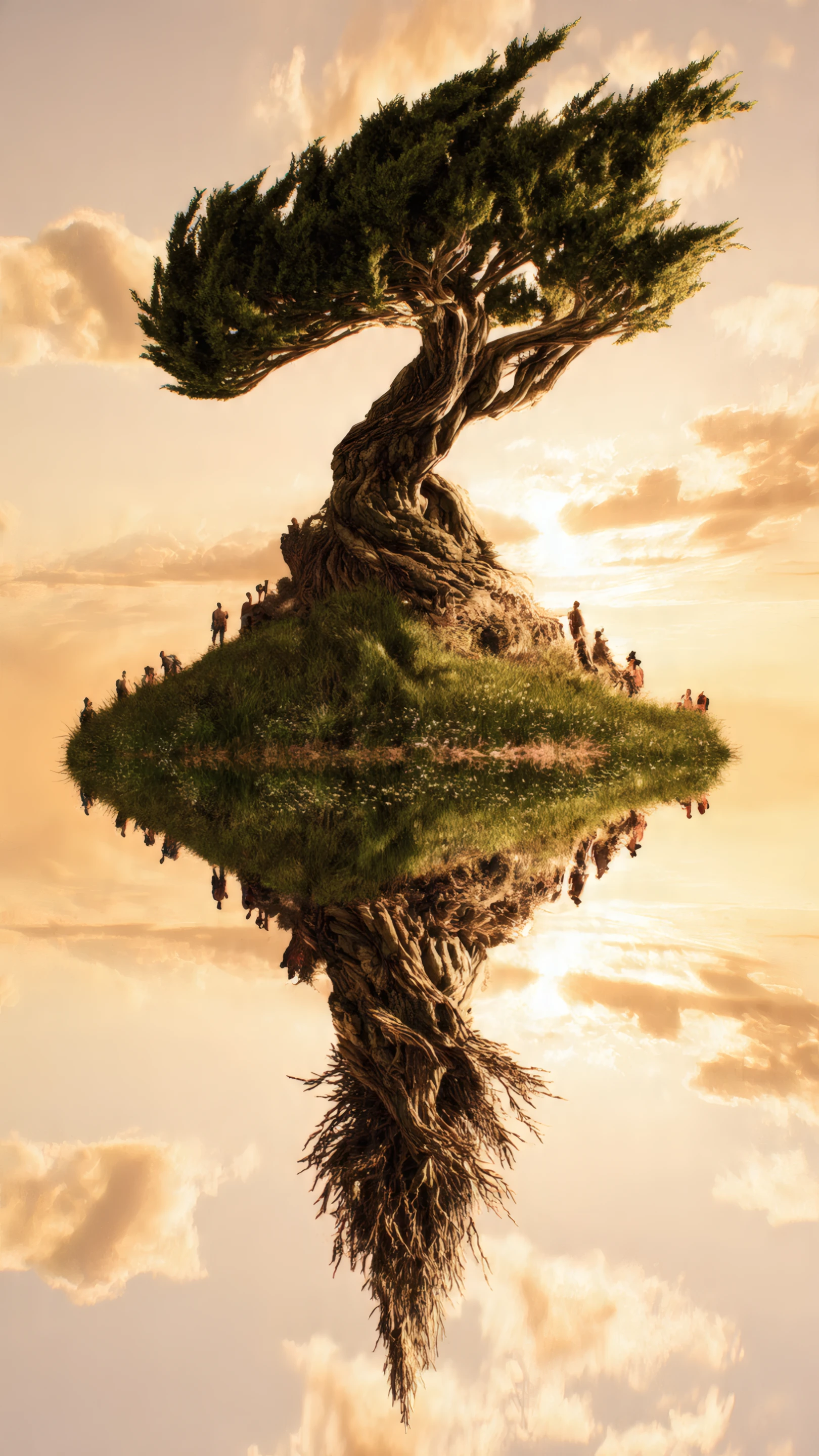 Surreal Upside Down Tree Island with People