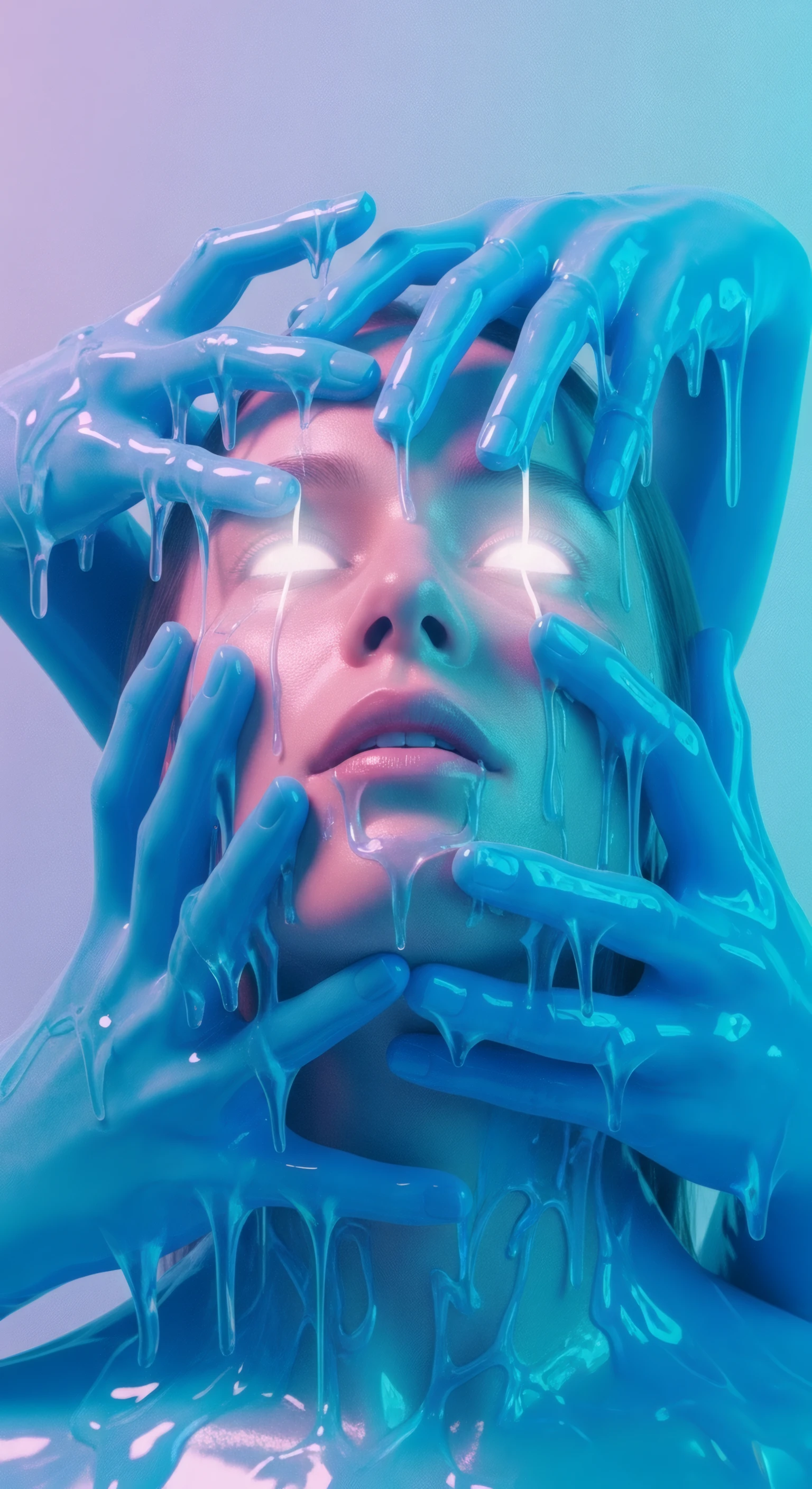 Surreal Woman Surrounded by Dripping Blue Hands