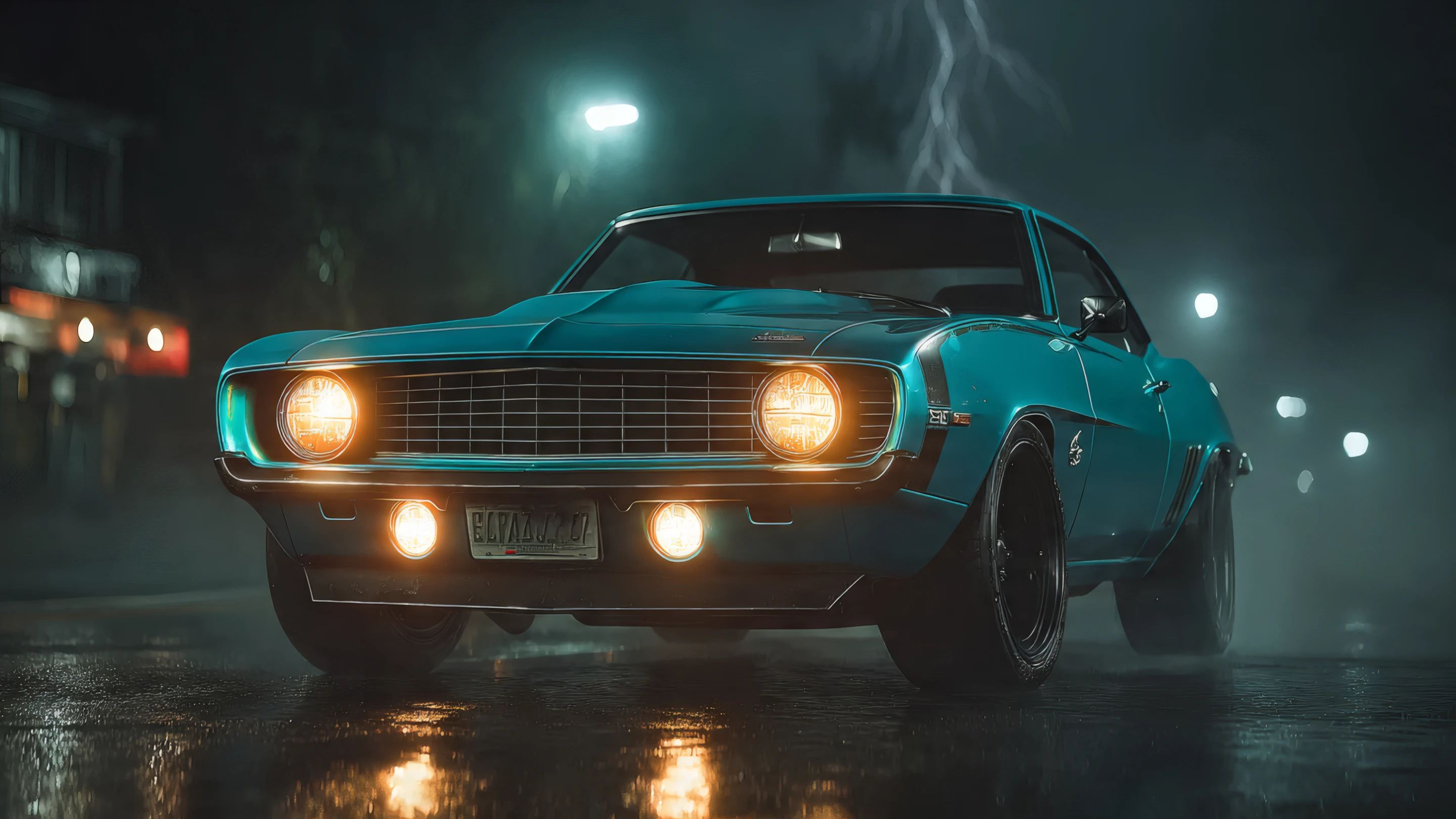 Teal 1969 Chevrolet Camaro on Wet Pavement at Night