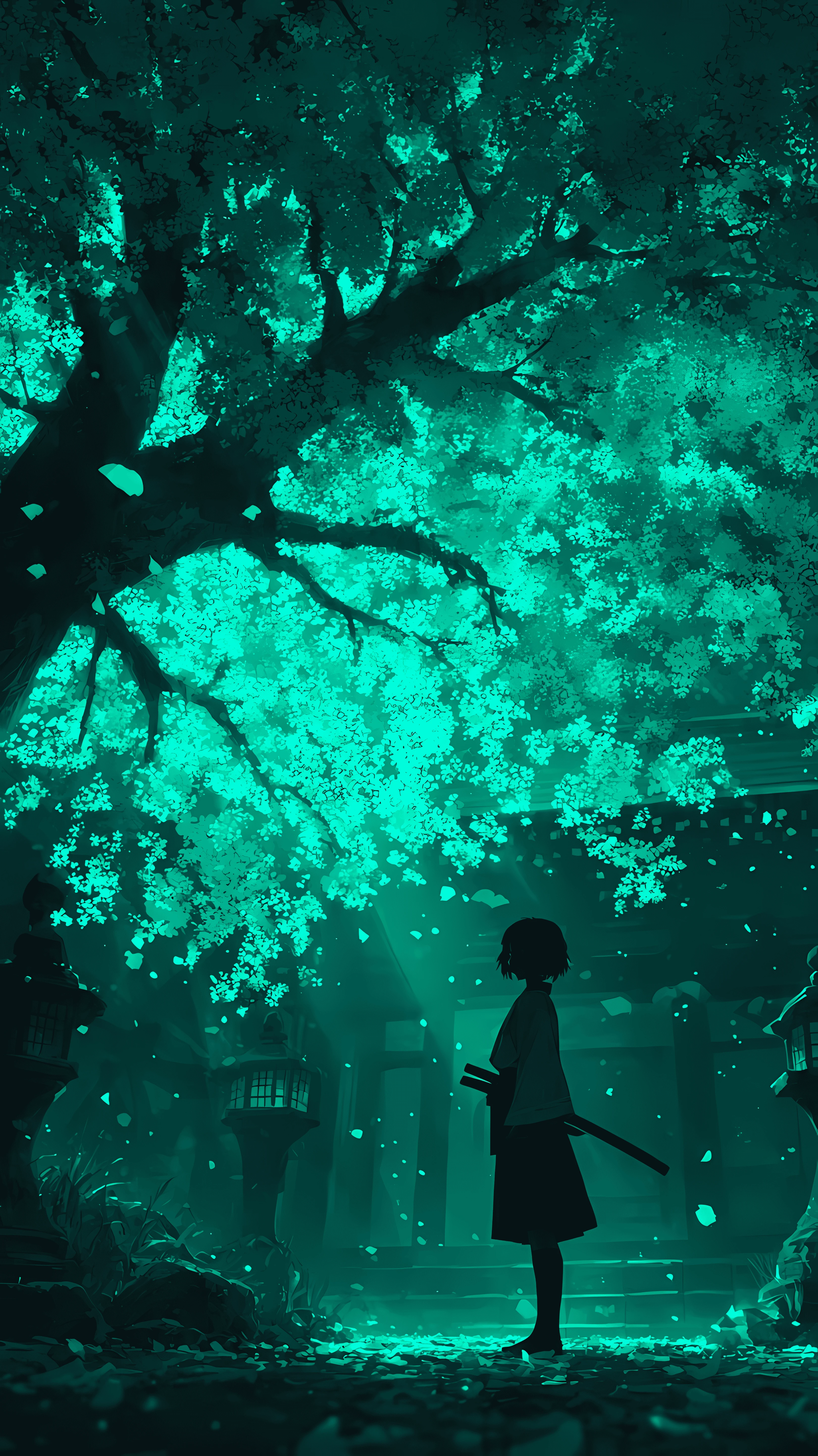 Teal Anime Girl Silhouette Under Blooming Cherry Tree