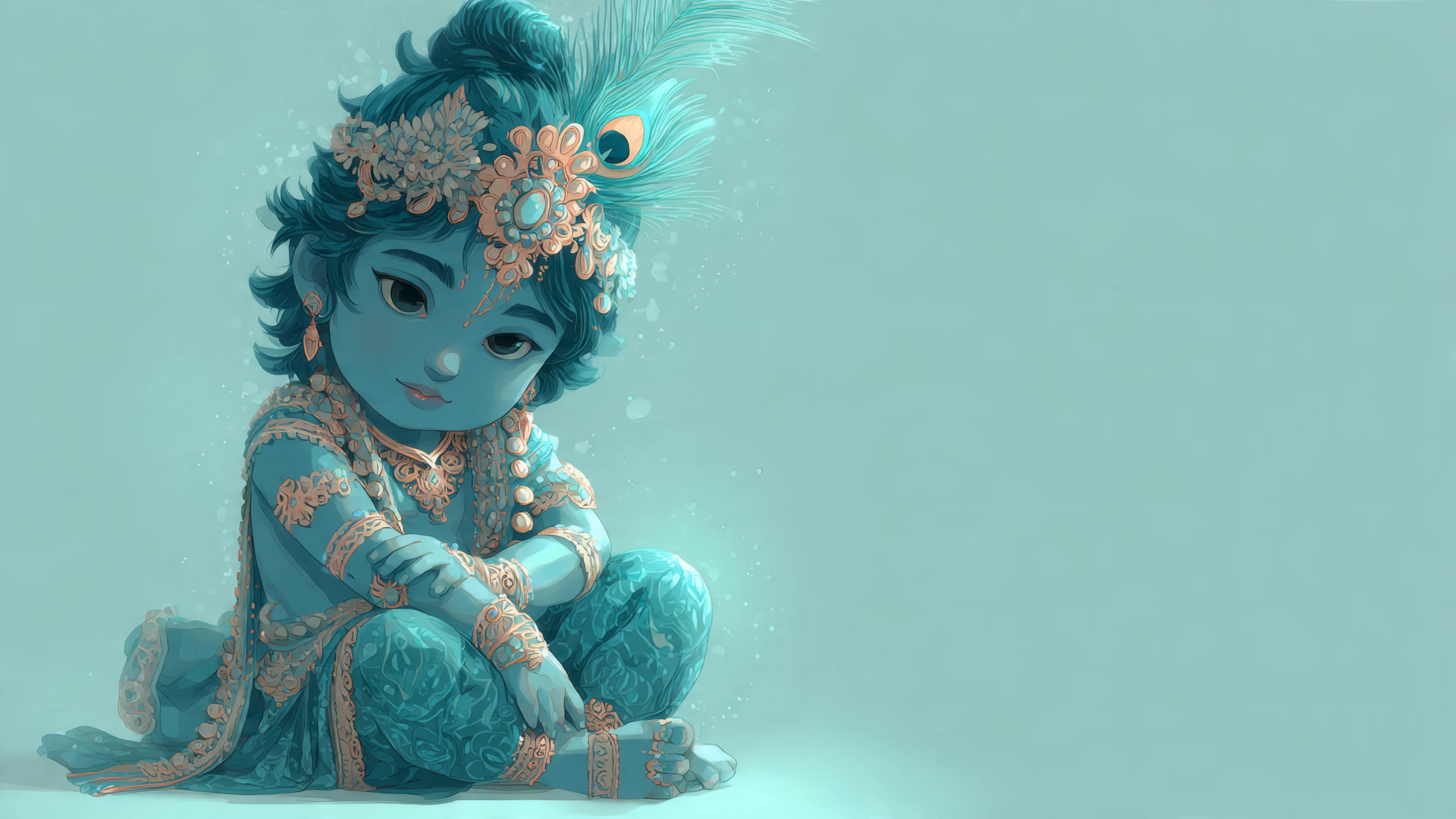 Teal Baby Krishna Illustration with Peacock Feather