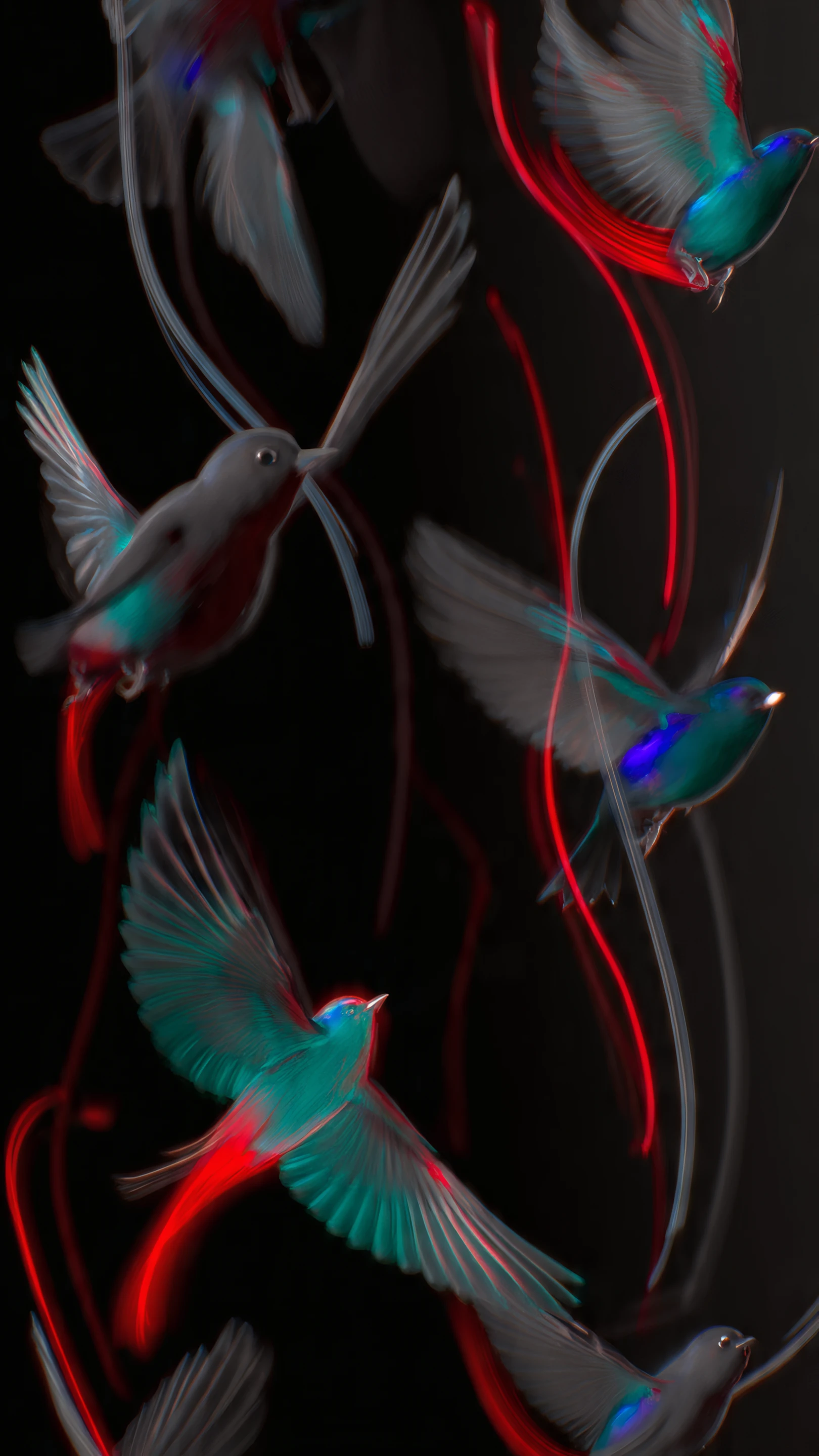 Teal Birds Soaring with Red Light Streaks