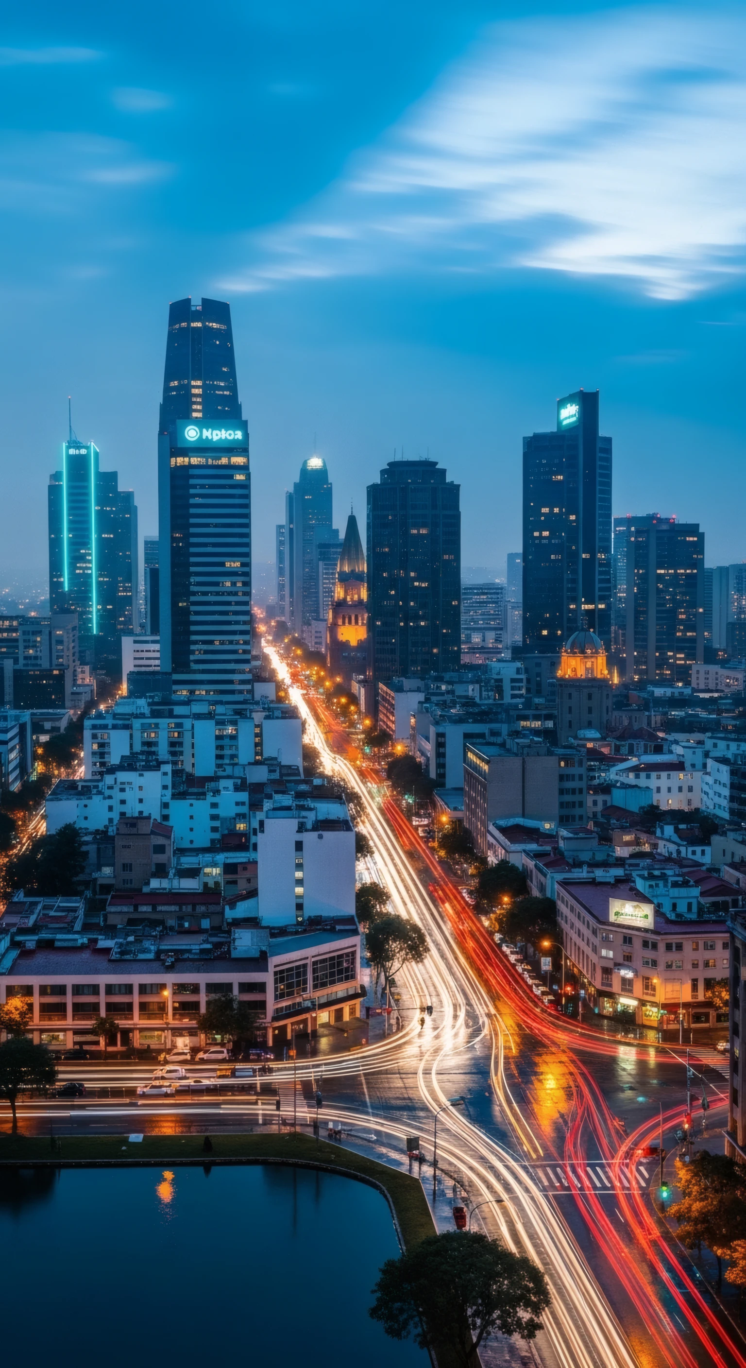 Teal Cityscape with Light Trails at Dusk